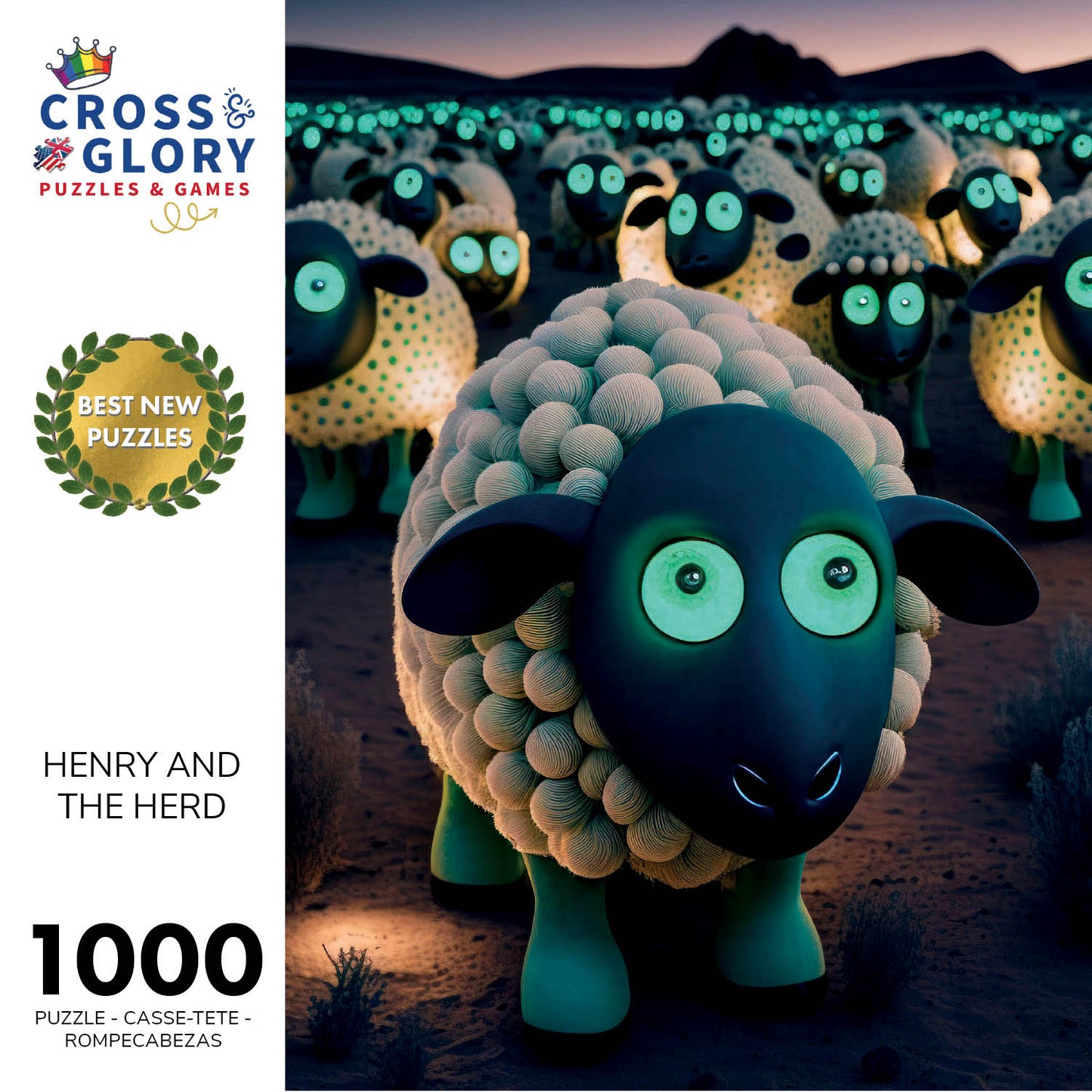 Art Puzzle – Henry and The Herd – 1000 Piece Jigsaw Puzzle featuring charming sheep with glowing eyes in a whimsical nighttime scene, beautiful artwork, satin finish, premium quality, dust free, eco-friendly, 1000 piece jigsaw puzzles for adults.