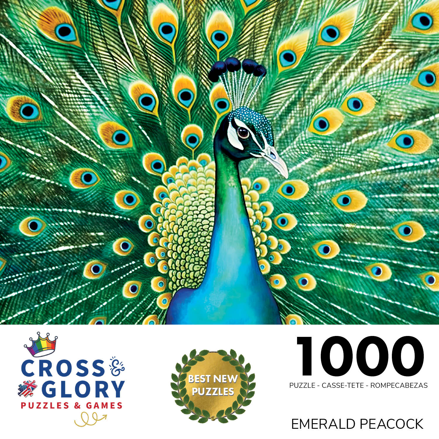 Peacock Puzzle – Emerald Peacock – 1000 Piece Jigsaw Puzzle with beautiful artwork of detailed emerald peacock feathers, satin finish, premium quality, dust free and eco-friendly, 1000 piece jigsaw puzzles for adults.