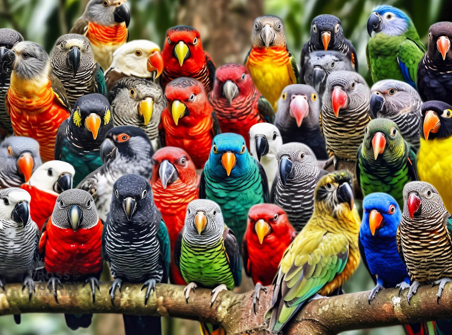 Bright and colorful birds perched closely together in detailed artwork for the Bird Puzzle – Kaleidoscope of Feathers – 1000 Piece Jigsaw Puzzle, featuring beautiful artwork, satin finish, and premium quality, perfect as 1000 piece jigsaw puzzles for adults.