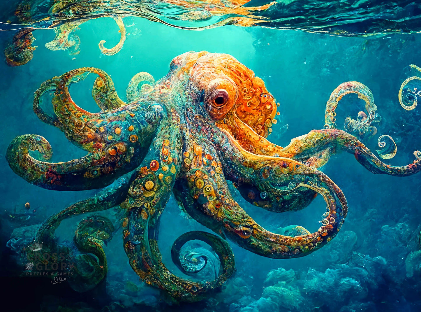 Beautiful artwork of a vibrant octopus underwater with intricate details, featured on the Octopus Puzzle – Deep Blue Octopus Odyssey – 1000 Piece Jigsaw Puzzle, 1000 piece jigsaw puzzles for adults with a satin finish, premium quality, dust free, and eco-friendly.
