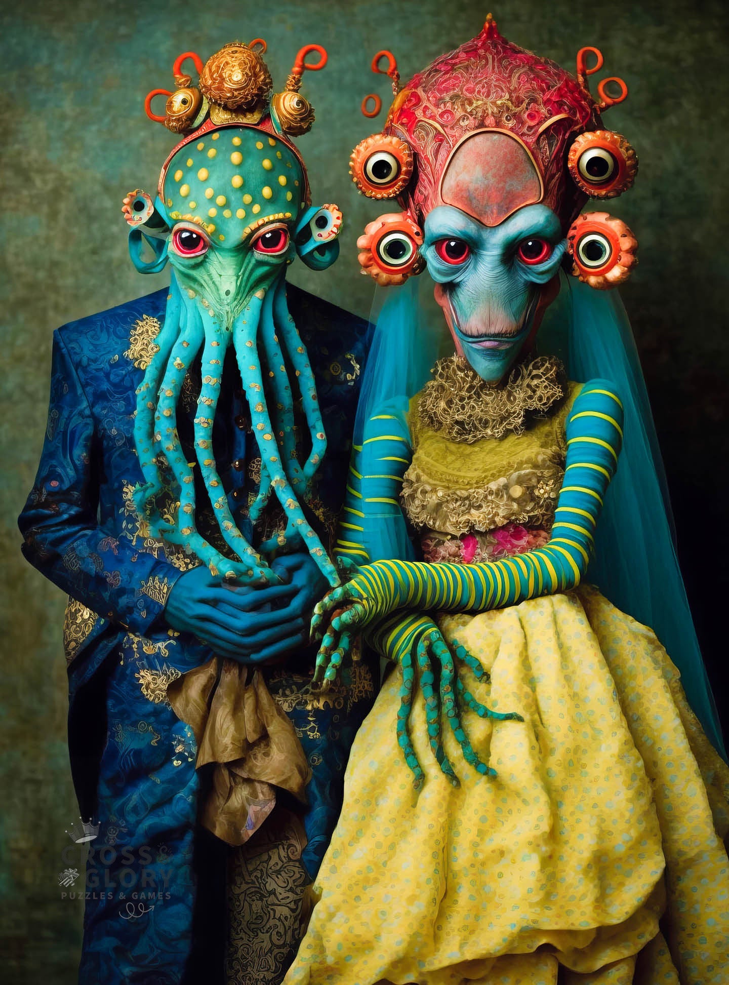 A detailed portrait of two colorful alien figures in elaborate costumes, showcasing beautiful artwork with a satin finish, representing the Alien Puzzle – Meet the Aliens: Xantara and Nykara – 1000 Piece Jigsaw Puzzle, perfect for 1000 piece jigsaw puzzles for adults.