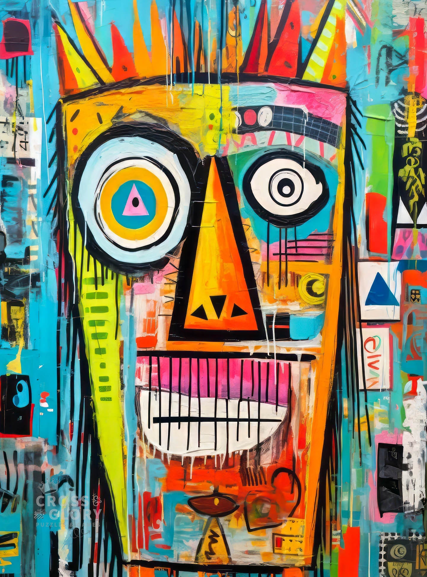 Abstract colorful mask artwork with bold geometric shapes and vibrant patterns, featured on the Art Puzzle – Crowned Canvas: Mask Majesty – 1000 Piece Jigsaw Puzzle, 1000 piece jigsaw puzzles for adults with beautiful artwork, satin finish, premium quality, dust free, eco-friendly.