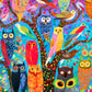 Colorful illustration of various stylized owls and birds perched on a tree with vibrant foliage, showcasing beautiful artwork with a satin finish in the Owl Puzzle – Owl Oasis: The Vibrant Perch – 1000 Piece Jigsaw Puzzle, 1000 piece jigsaw puzzles for adults.