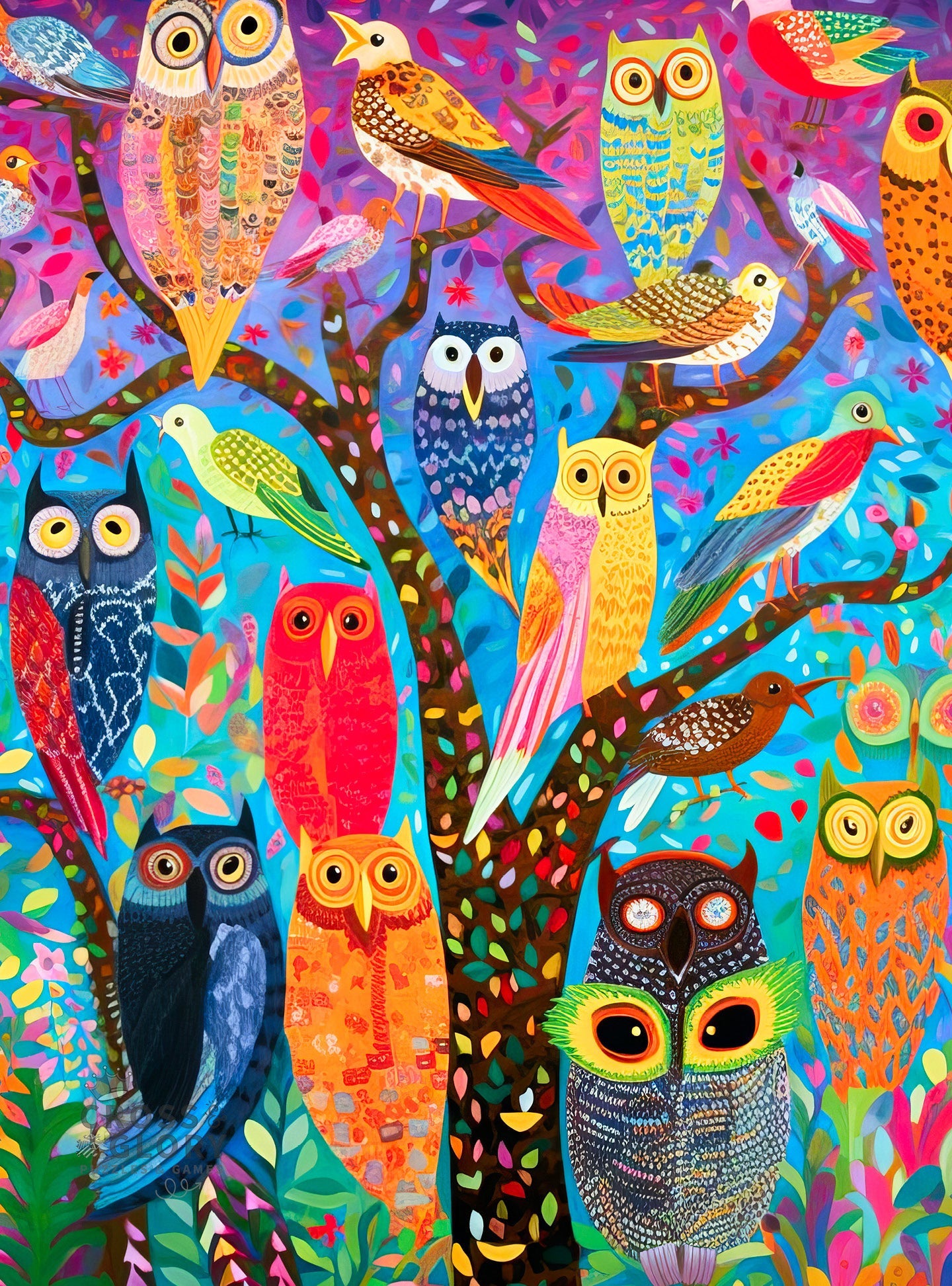 Colorful illustration of various stylized owls and birds perched on a tree with vibrant foliage, showcasing beautiful artwork with a satin finish in the Owl Puzzle – Owl Oasis: The Vibrant Perch – 1000 Piece Jigsaw Puzzle, 1000 piece jigsaw puzzles for adults.