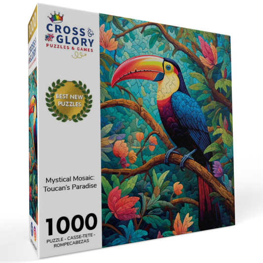 Art Puzzle – Mystical Mosaic: Toucan's Paradise – 1000 Piece Jigsaw Puzzle featuring vibrant toucan artwork, beautiful artwork, satin finish, premium quality, dust free, eco-friendly, 1000 piece jigsaw puzzles for adults.