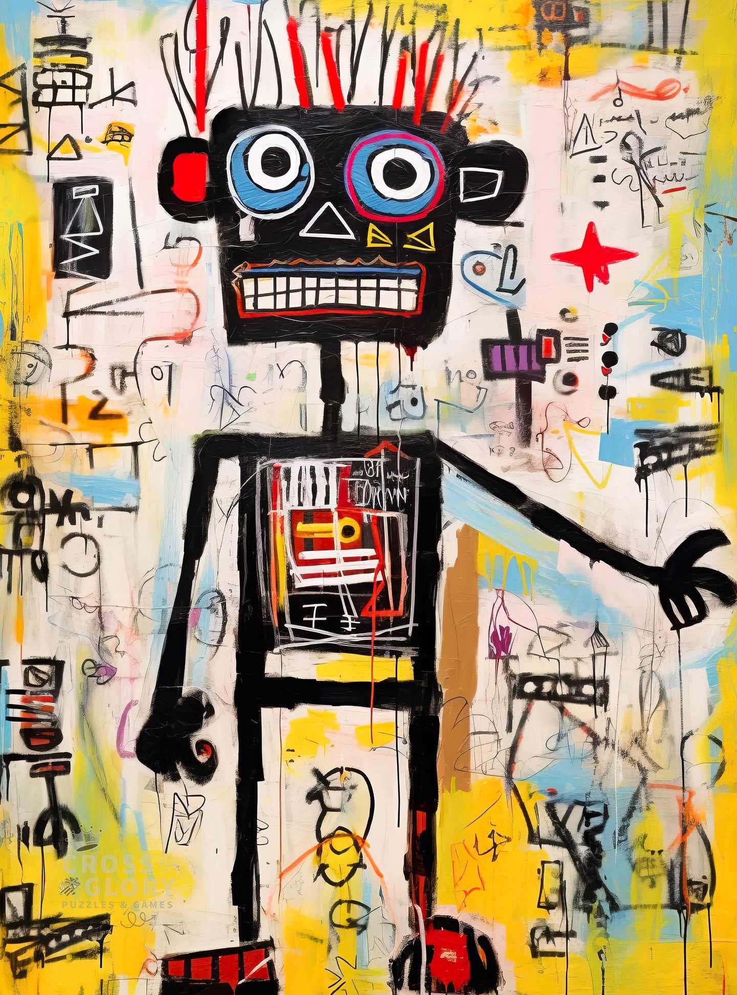 Art Puzzle – Neon Robot Rhapsody – 1000 Piece Jigsaw Puzzle featuring beautiful abstract robot artwork with bright neon colors, satin finish, premium quality, and eco-friendly materials. 1000 piece jigsaw puzzles for adults.