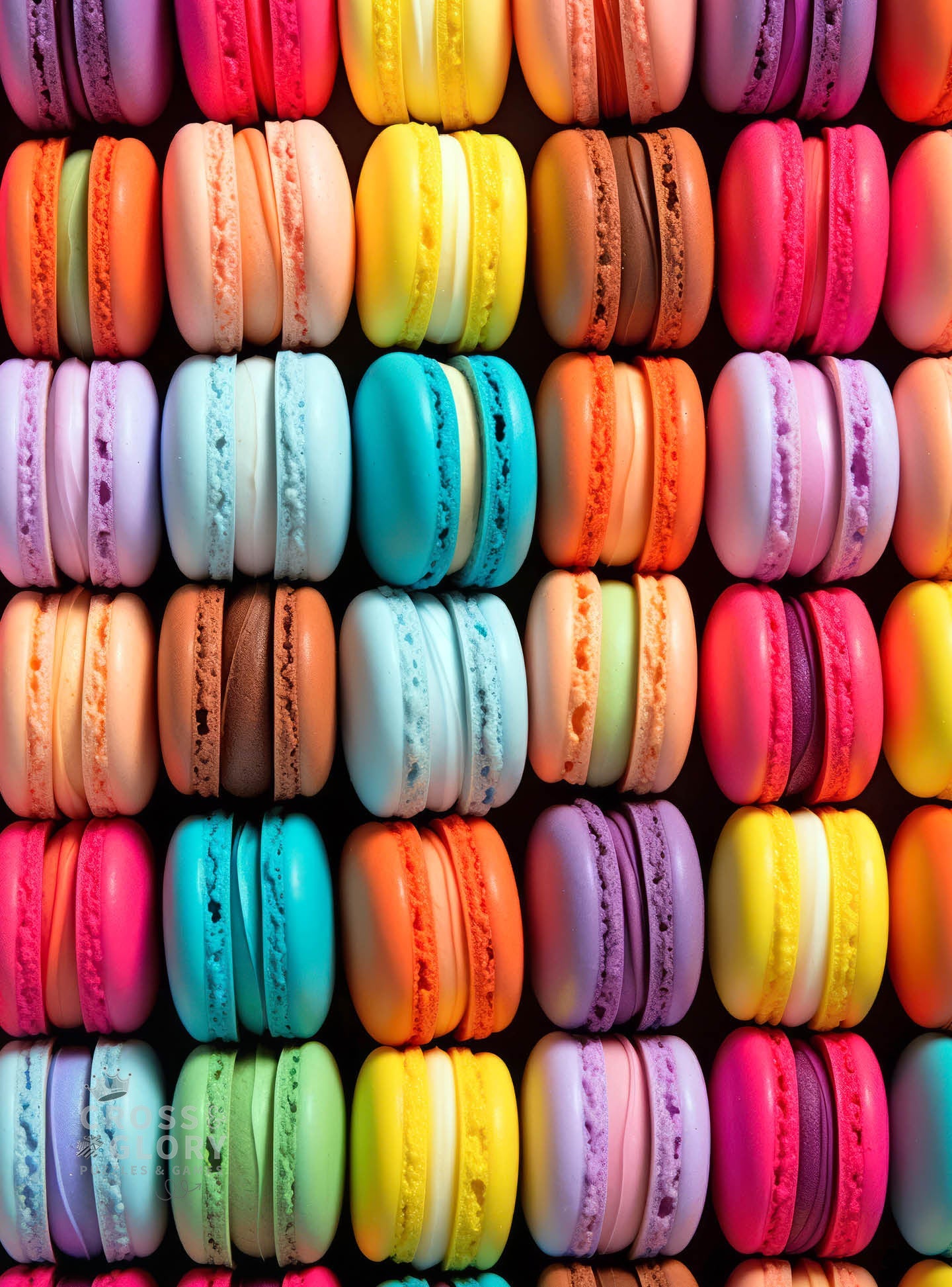 Colorful assorted macarons arranged in neat rows, showcasing vibrant pastel and bright shades with smooth textures, representing the Art Puzzle – Macaron Palette Parade – 1000 Piece Jigsaw Puzzle, a beautiful artwork with satin finish, premium quality, dust free, eco-friendly, perfect 1000 piece jigsaw puzzles for adults.