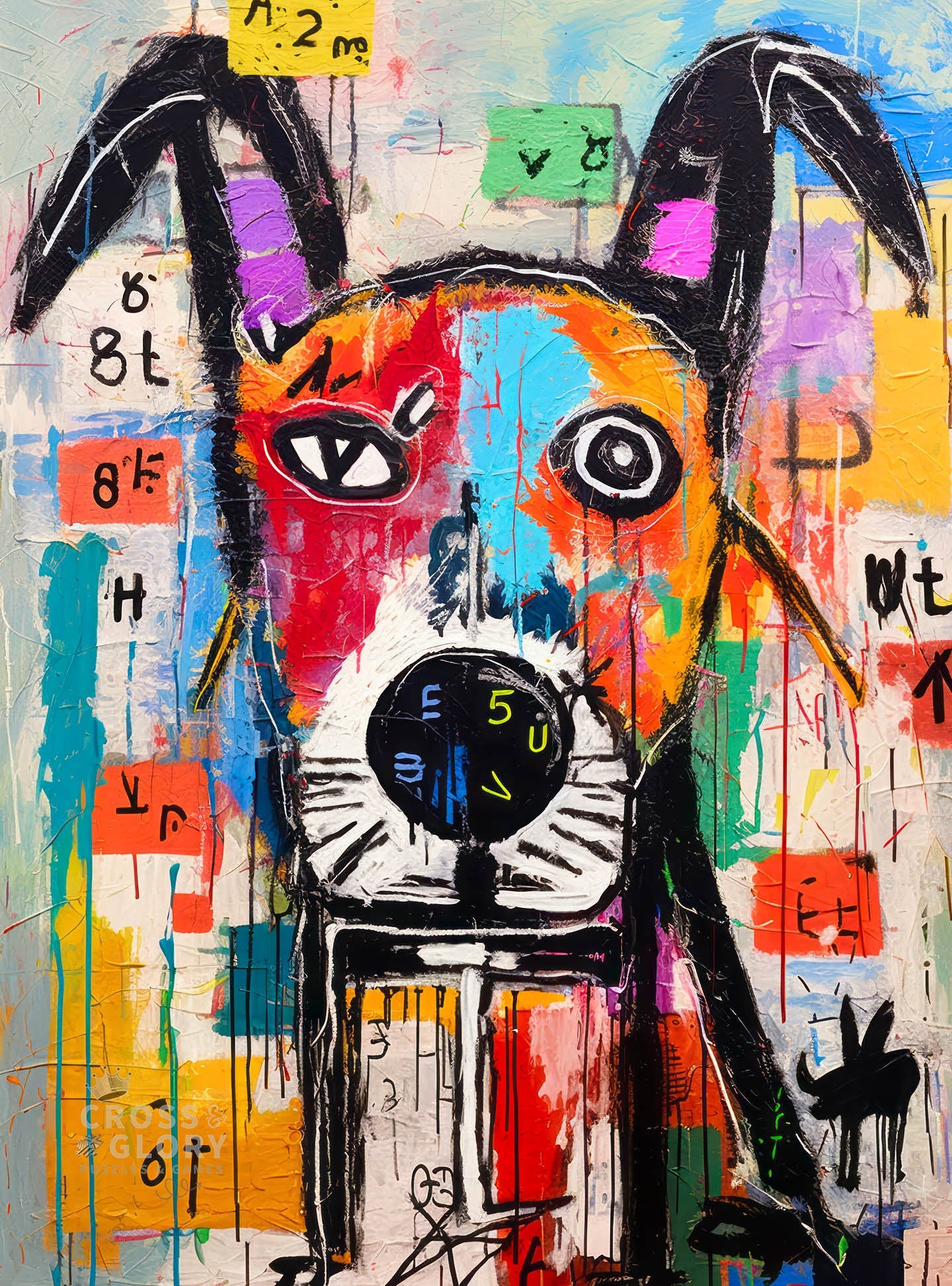 Colorful abstract dog artwork featuring bold geometric shapes and playful scribbles, highlighting the Dog Puzzle – Geometric Dog Dreamscape – 1000 Piece Jigsaw Puzzle with beautiful artwork, satin finish, and premium quality, perfect for 1000 piece jigsaw puzzles for adults.
