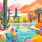 Colorful artistic desert scene with a woman in a yellow swimsuit sitting poolside, surrounded by cacti, vibrant plants, a modern house, and a hot air balloon above in Owl Puzzle – Blossoming Desert: Poolside Paradise – 1000 Piece Jigsaw Puzzle, featuring beautiful artwork, satin finish, and premium quality, dust free and eco-friendly, perfect for 1000 piece jigsaw puzzles for adults.