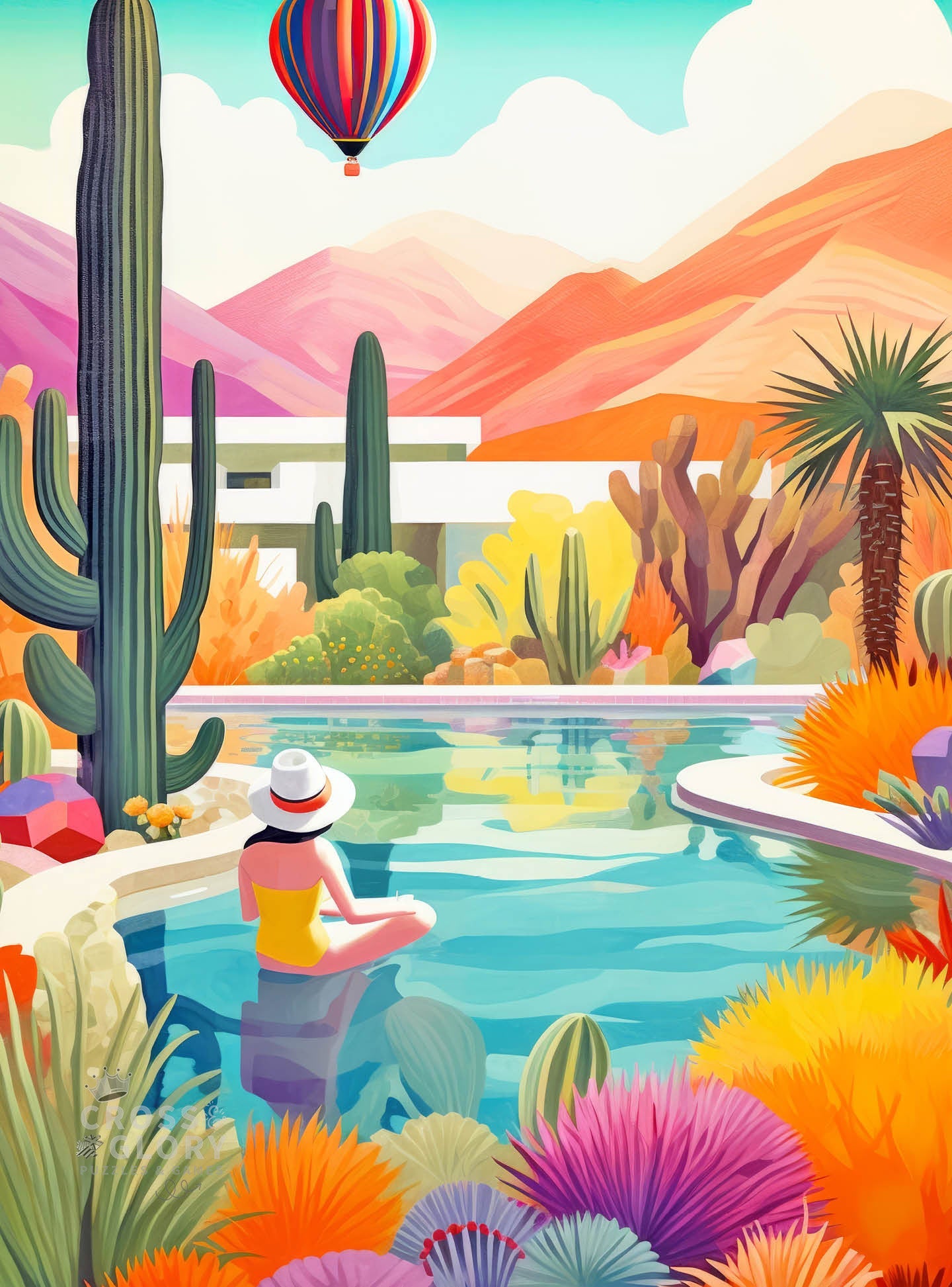 Colorful artistic desert scene with a woman in a yellow swimsuit sitting poolside, surrounded by cacti, vibrant plants, a modern house, and a hot air balloon above in Owl Puzzle – Blossoming Desert: Poolside Paradise – 1000 Piece Jigsaw Puzzle, featuring beautiful artwork, satin finish, and premium quality, dust free and eco-friendly, perfect for 1000 piece jigsaw puzzles for adults.