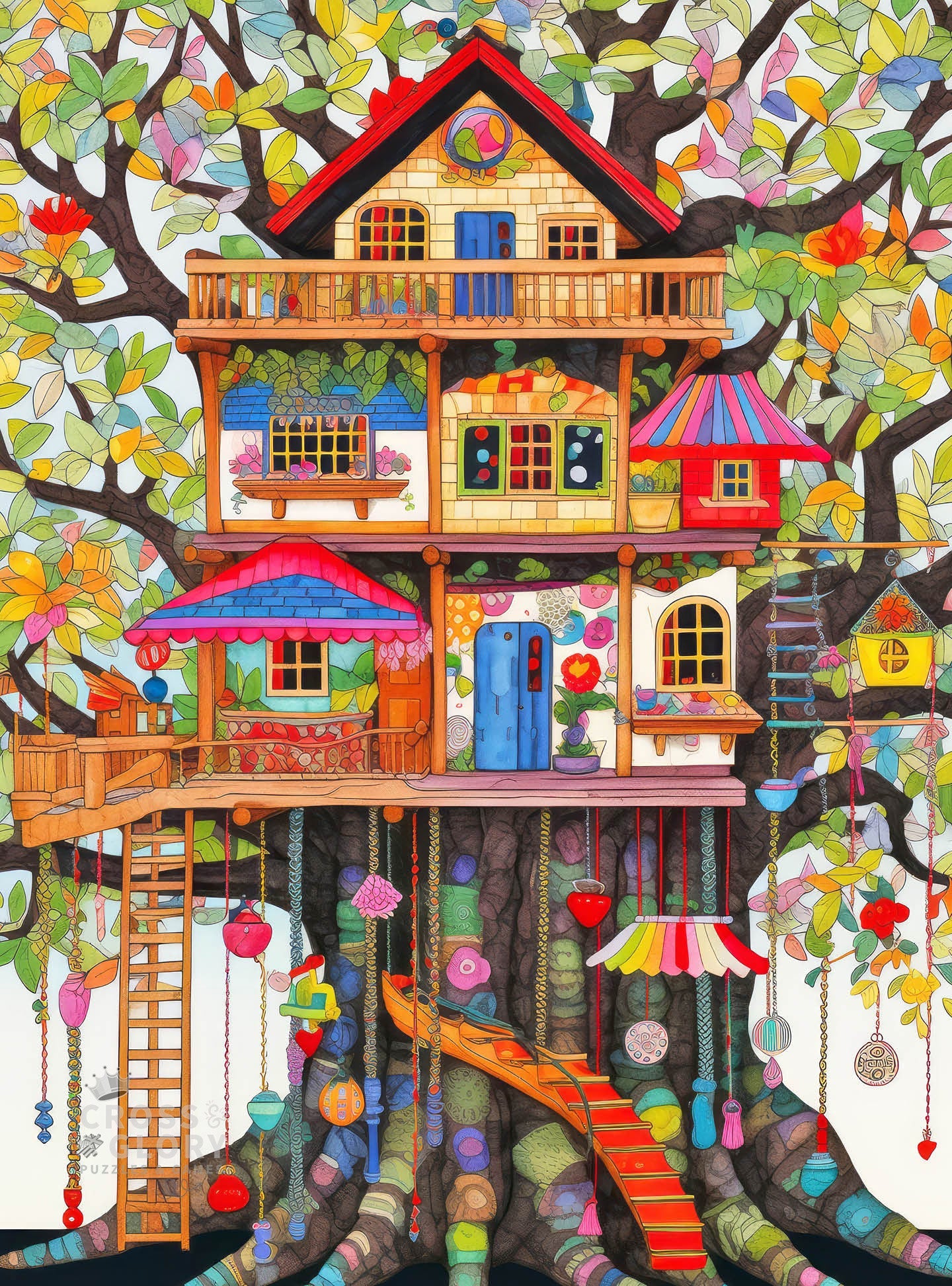 Vibrant and detailed illustration of a whimsical treehouse surrounded by colorful leaves, featuring intricate decorations and play elements for the Treehouse Puzzle – Fantastical Treehouse Escape – 1000 Piece Jigsaw Puzzle, a premium quality, satin finish, dust free, eco-friendly 1000 piece jigsaw puzzle for adults.
