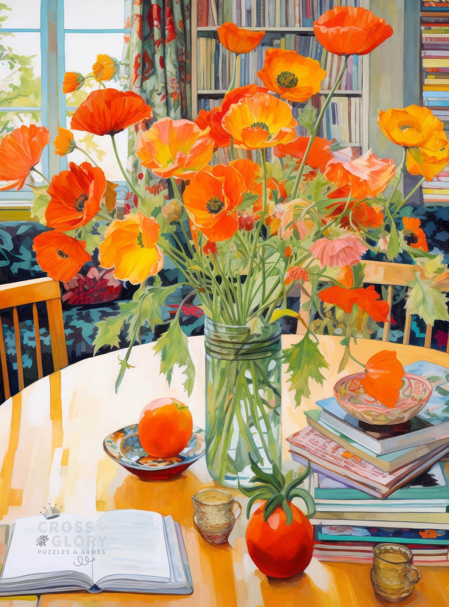Bright orange poppies in a glass vase on a table surrounded by books and a window backdrop, beautiful artwork from Garden Puzzle – Poppies Panorama: Orange Elegance – 1000 Piece Jigsaw Puzzle, 1000 piece jigsaw puzzles for adults.