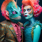 Detailed portrait of two vibrant and imaginative alien characters in elaborate costumes and makeup, showcasing beautiful artwork and premium quality in the Alien Puzzle – Meet the Aliens: Nymira and Dantar – 1000 Piece Jigsaw Puzzle, 1000 piece jigsaw puzzles for adults with a satin finish.