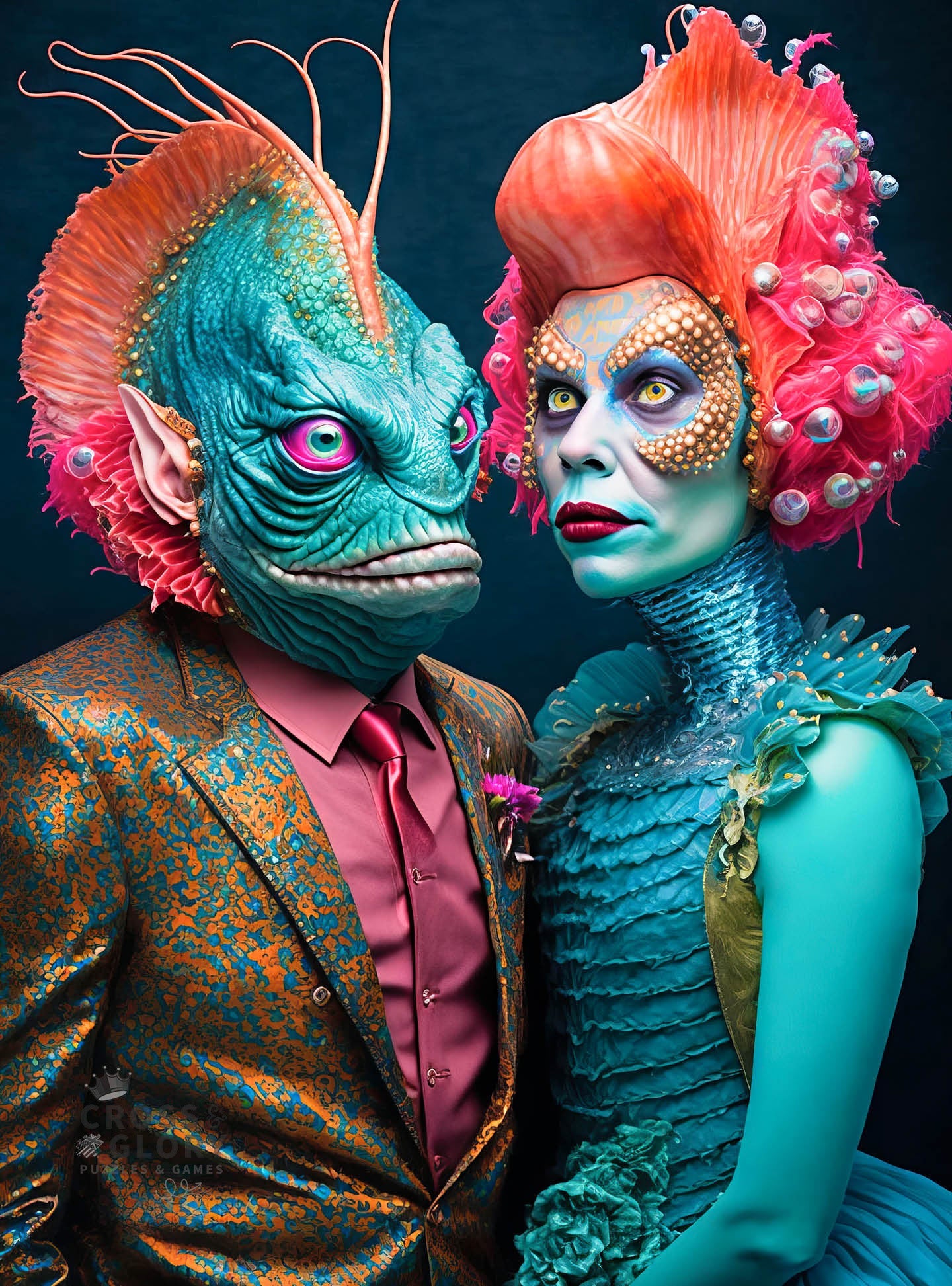 Detailed portrait of two vibrant and imaginative alien characters in elaborate costumes and makeup, showcasing beautiful artwork and premium quality in the Alien Puzzle – Meet the Aliens: Nymira and Dantar – 1000 Piece Jigsaw Puzzle, 1000 piece jigsaw puzzles for adults with a satin finish.