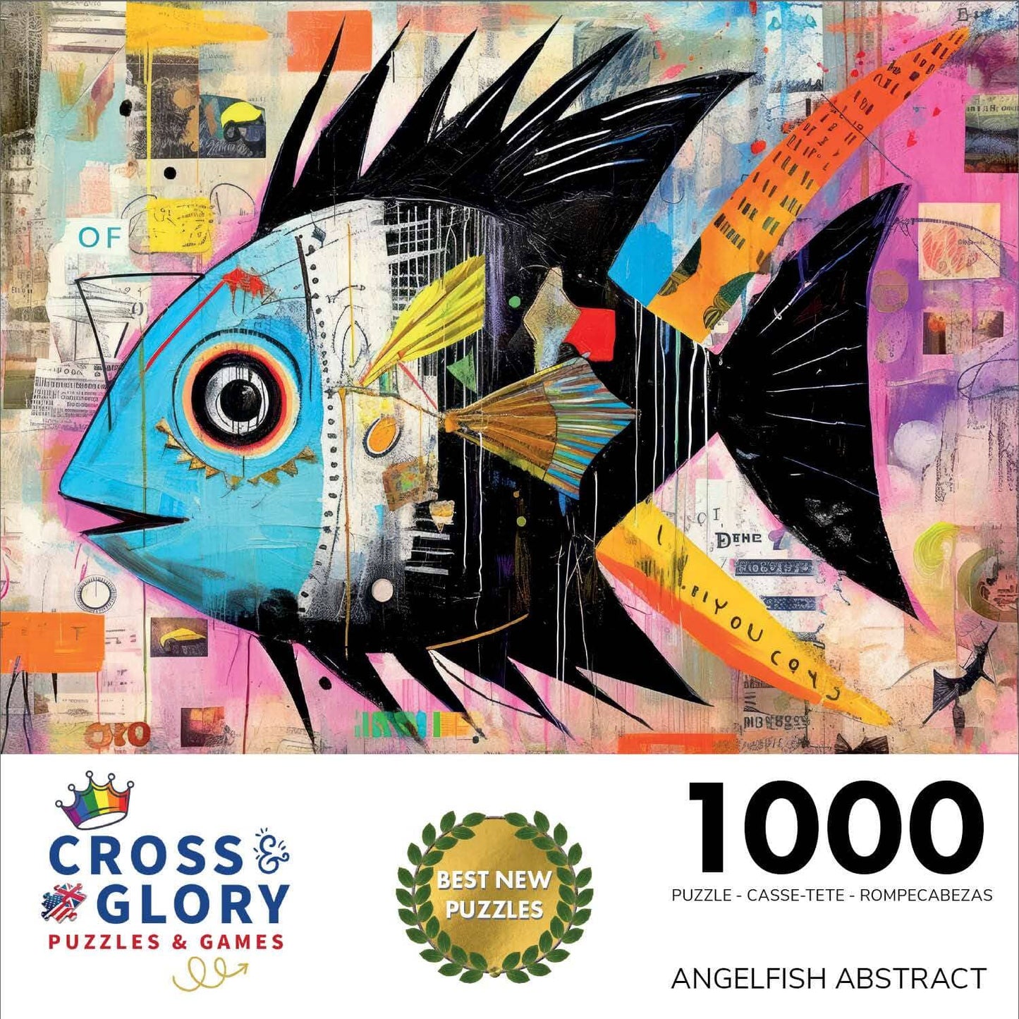 Fish Puzzle – Angelfish Abstract – 1000 Piece Jigsaw Puzzle featuring beautiful abstract artwork of an angelfish with vibrant colors and a satin finish, premium quality and eco-friendly, 1000 piece jigsaw puzzles for adults.