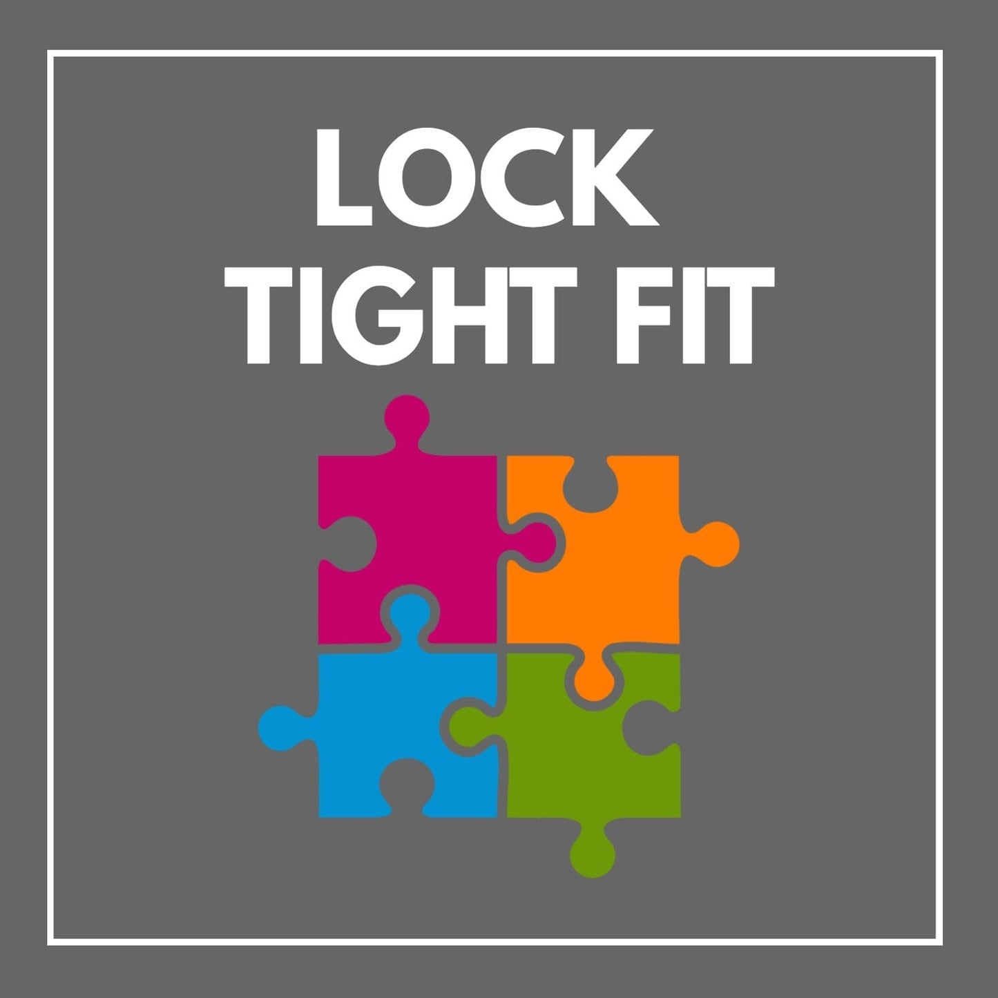 Illustration showing four colorful puzzle pieces fitting tightly together with the text "LOCK TIGHT FIT," promoting the Fish Puzzle – Angelfish Abstract – 1000 Piece Jigsaw Puzzle, a premium quality, dust-free, eco-friendly 1000 piece jigsaw puzzle for adults.