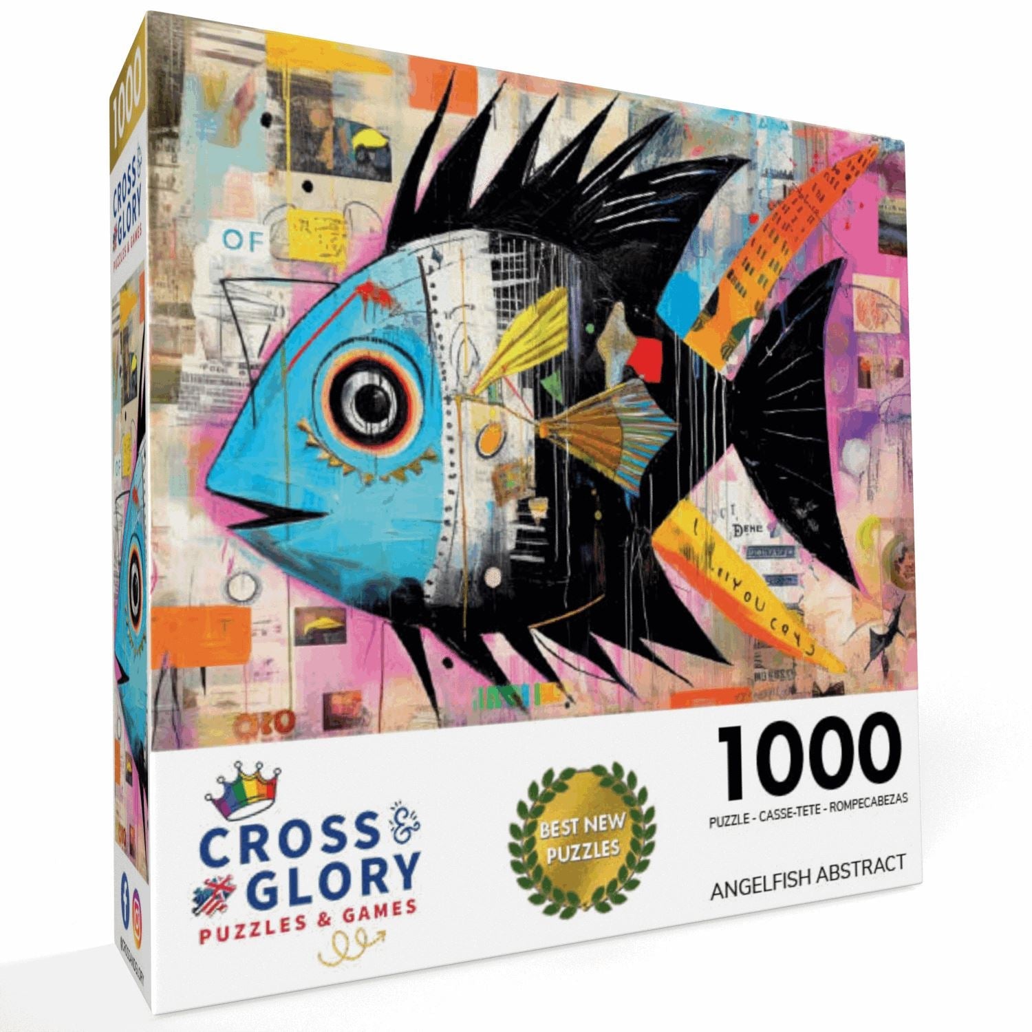 Box of Fish Puzzle – Angelfish Abstract – 1000 Piece Jigsaw Puzzle featuring beautiful abstract angelfish artwork with a satin finish, premium quality materials, and dust-free eco-friendly design, ideal as 1000 piece jigsaw puzzles for adults.