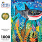 Art Puzzle – Beneath The Waves: Shark's Colorful Realm – 1000 Piece Jigsaw Puzzle features beautiful artwork of a smiling shark swimming among vibrant underwater plants, satin finish, premium quality, dust free, eco-friendly, 1000 piece jigsaw puzzles for adults.