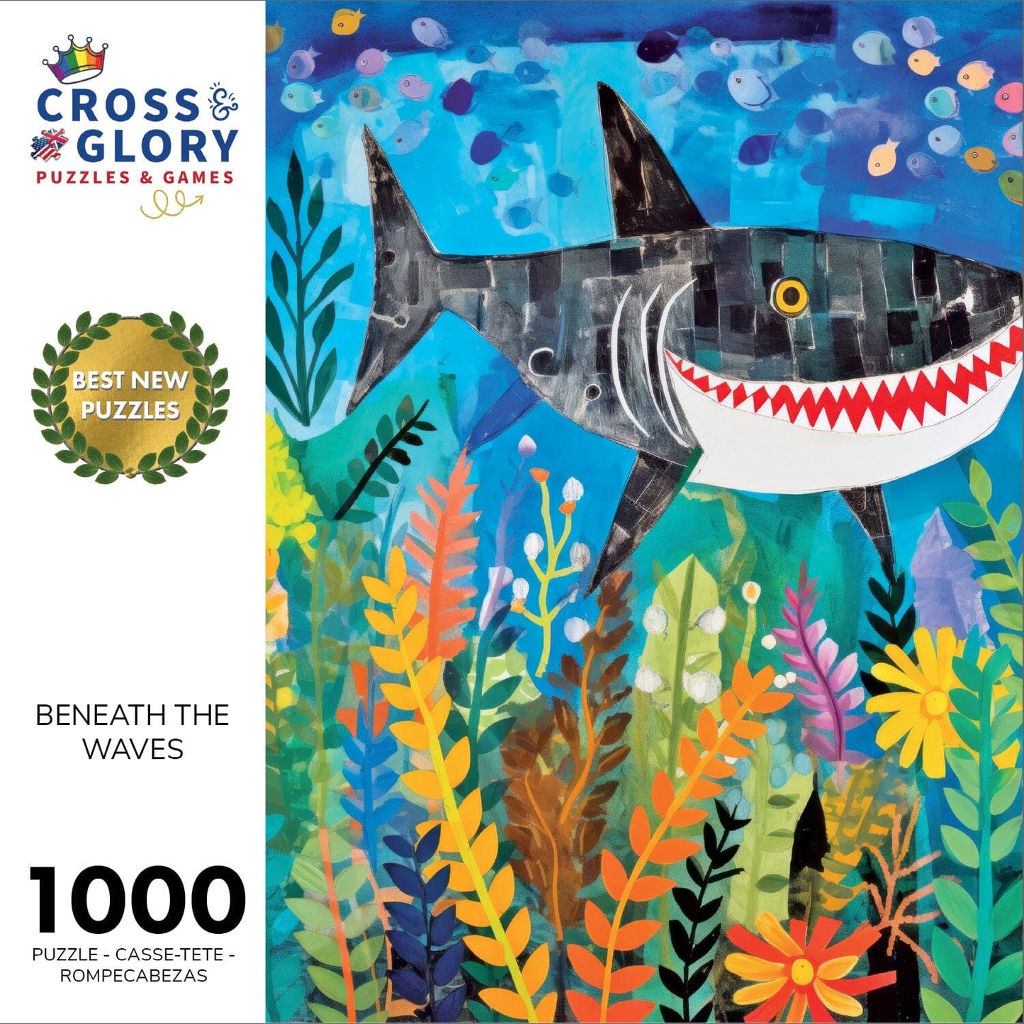 Art Puzzle – Beneath The Waves: Shark's Colorful Realm – 1000 Piece Jigsaw Puzzle features beautiful artwork of a smiling shark swimming among vibrant underwater plants, satin finish, premium quality, dust free, eco-friendly, 1000 piece jigsaw puzzles for adults.