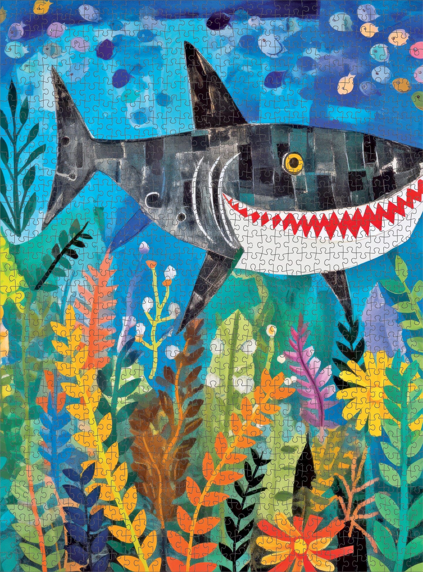 Art Puzzle – Beneath The Waves: Shark's Colorful Realm – 1000 Piece Jigsaw Puzzle featuring vibrant underwater scene with a smiling shark among colorful seaweed, premium quality, satin finish, eco-friendly, 1000 piece jigsaw puzzles for adults.