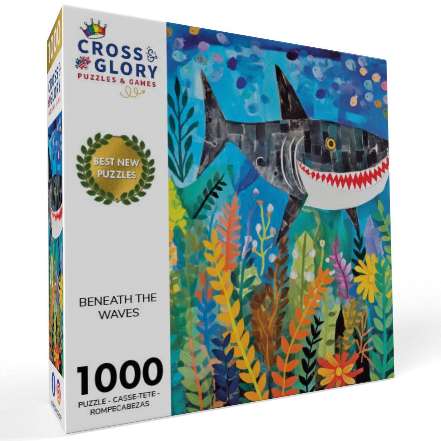 Art Puzzle – Beneath The Waves: Shark's Colorful Realm – 1000 Piece Jigsaw Puzzle featuring beautiful artwork of a shark in vibrant underwater foliage, satin finish, premium quality, dust free, eco-friendly, 1000 piece jigsaw puzzles for adults.