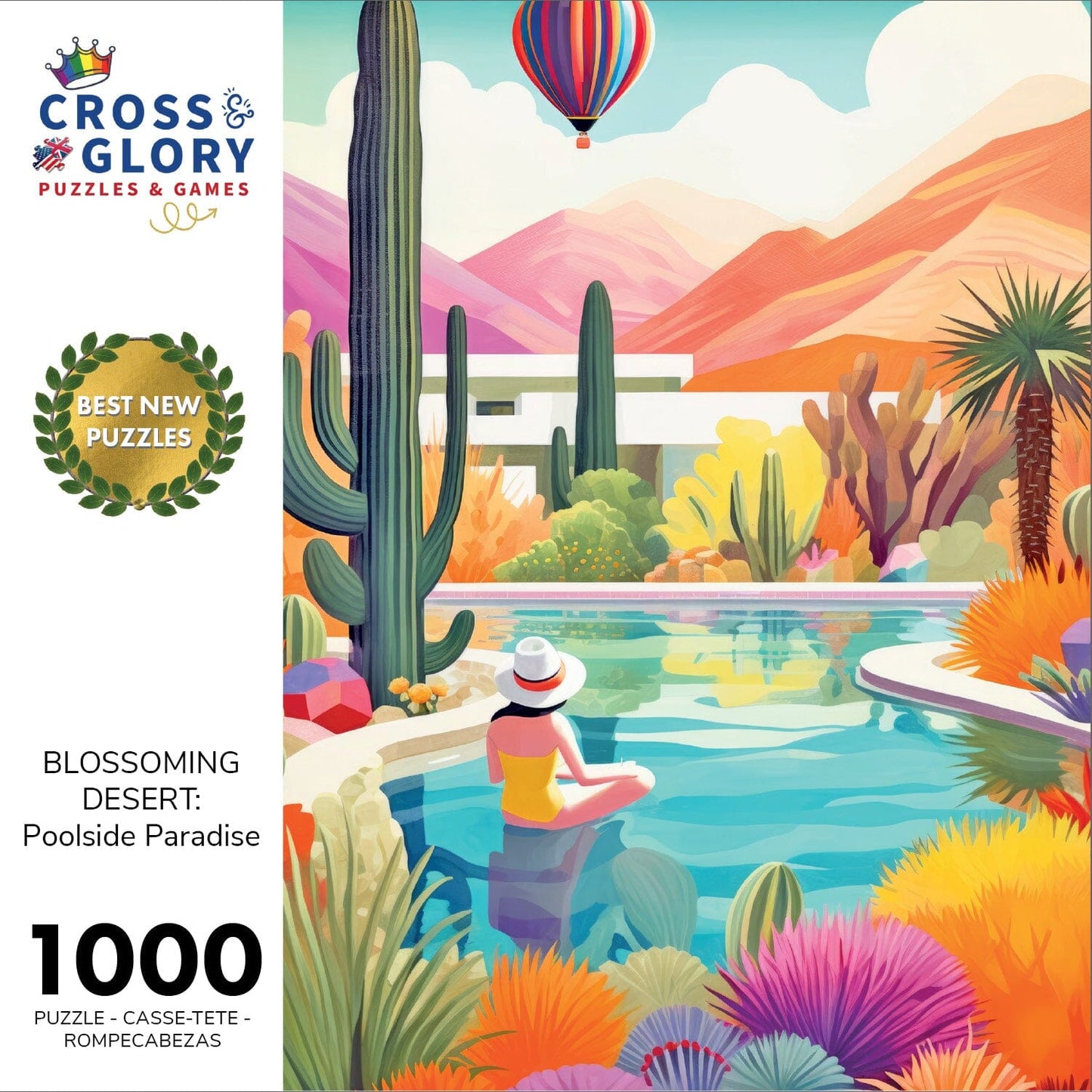 Owl Puzzle – Blossoming Desert: Poolside Paradise – 1000 Piece Jigsaw Puzzle featuring beautiful artwork of a serene desert pool scene with vibrant plants, cacti, and a hot air balloon, satin finish, premium quality, dust free, eco-friendly, 1000 piece jigsaw puzzles for adults.