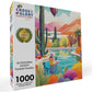 Owl Puzzle – Blossoming Desert: Poolside Paradise – 1000 Piece Jigsaw Puzzle featuring beautiful artwork of a colorful desert pool scene with cacti, a woman relaxing, and a hot air balloon, satin finish, premium quality, dust free, eco-friendly, perfect 1000 piece jigsaw puzzles for adults.