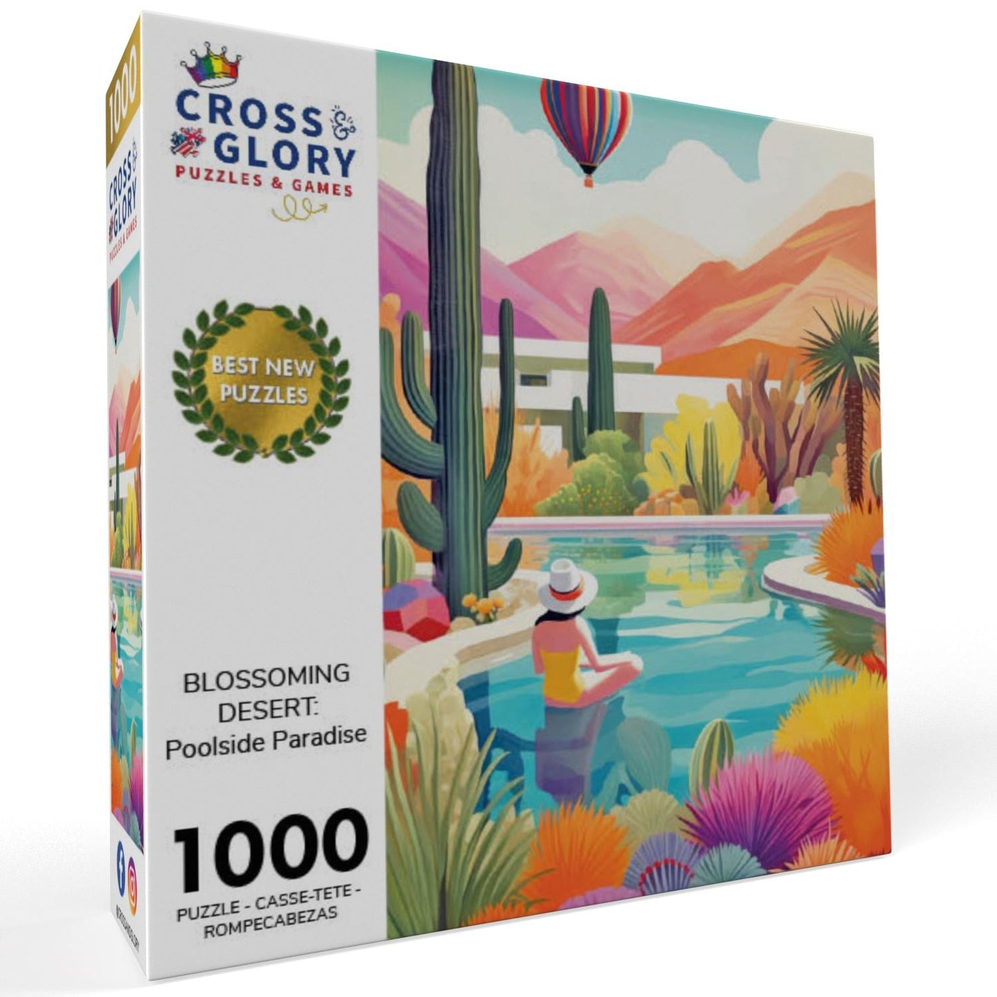 Owl Puzzle – Blossoming Desert: Poolside Paradise – 1000 Piece Jigsaw Puzzle featuring beautiful artwork of a colorful desert pool scene with cacti, a woman relaxing, and a hot air balloon, satin finish, premium quality, dust free, eco-friendly, perfect 1000 piece jigsaw puzzles for adults.