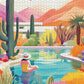 Owl Puzzle – Blossoming Desert: Poolside Paradise – 1000 Piece Jigsaw Puzzle showcasing a serene desert pool scene with colorful cacti, a hot air balloon, and a woman relaxing by the water, featuring beautiful artwork, satin finish, and premium quality. 1000 piece jigsaw puzzles for adults.
