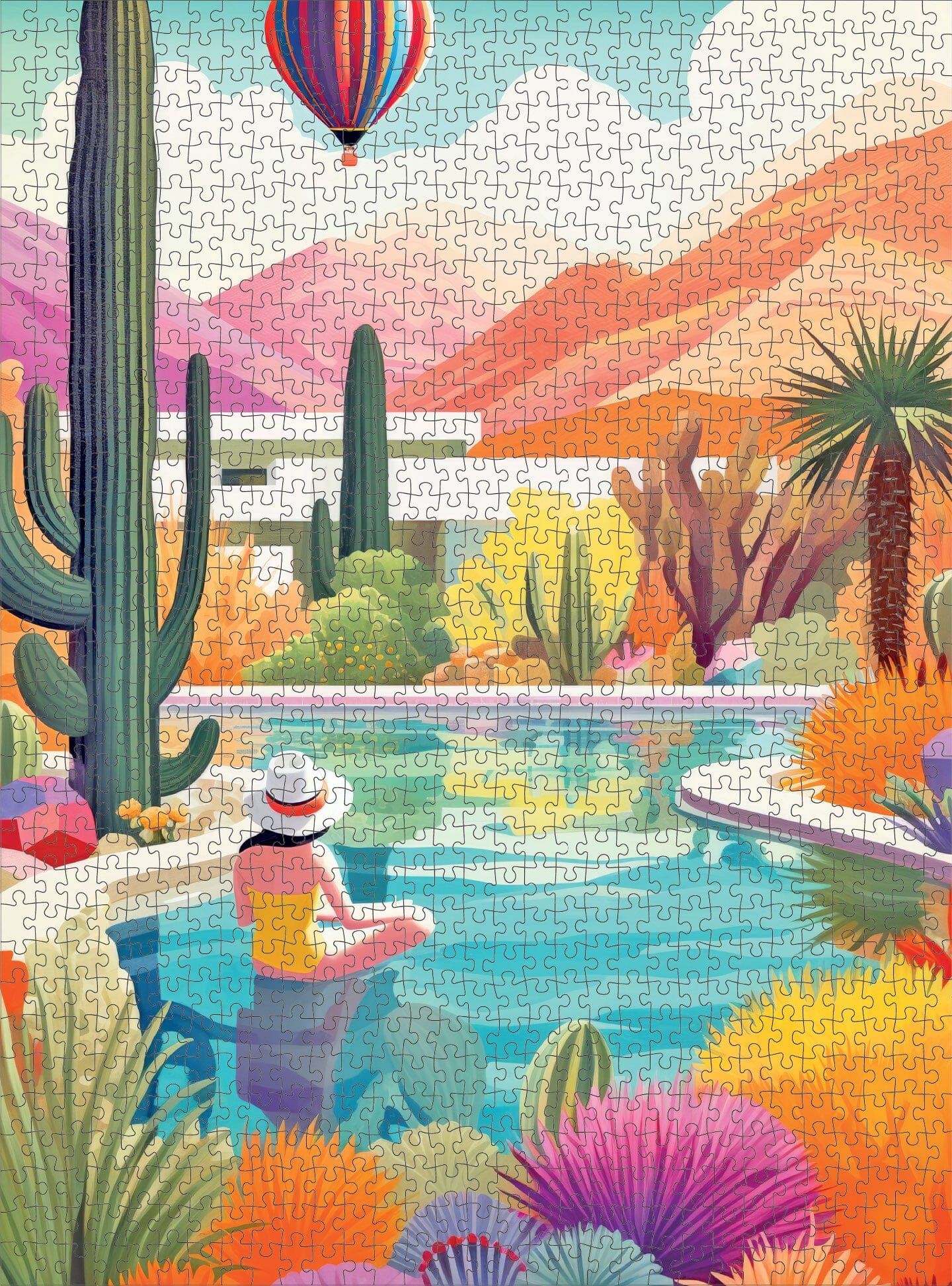 Owl Puzzle – Blossoming Desert: Poolside Paradise – 1000 Piece Jigsaw Puzzle showcasing a serene desert pool scene with colorful cacti, a hot air balloon, and a woman relaxing by the water, featuring beautiful artwork, satin finish, and premium quality. 1000 piece jigsaw puzzles for adults.