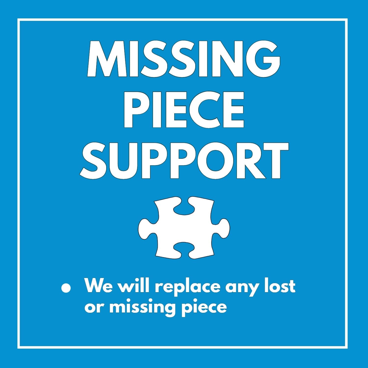 Blue square graphic with white text "MISSING PIECE SUPPORT" above a puzzle piece icon and a note stating any lost or missing piece will be replaced for Art Puzzle – Cosmic Codex of Colors – 1000 Piece Jigsaw Puzzle, a premium quality 1000 piece jigsaw puzzles for adults.