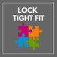 Illustration of four interlocking puzzle pieces in pink, orange, blue, and green with text "LOCK TIGHT FIT" representing the precise fit feature of Art Puzzle – Cosmic Codex of Colors – 1000 Piece Jigsaw Puzzle.