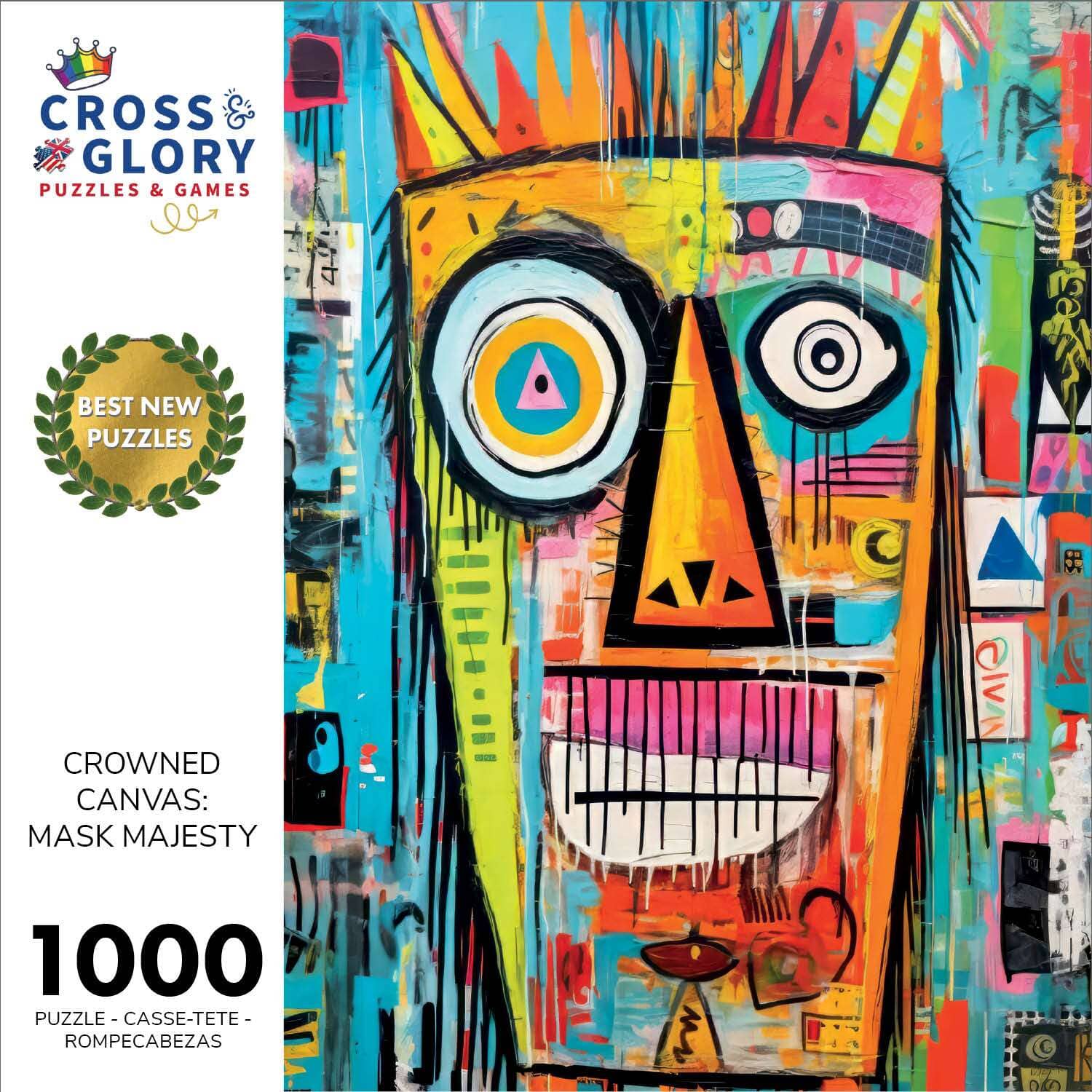 Art Puzzle – Crowned Canvas: Mask Majesty – 1000 Piece Jigsaw Puzzle featuring vibrant abstract mask artwork with beautiful colors and satin finish, 1000 piece jigsaw puzzles for adults.