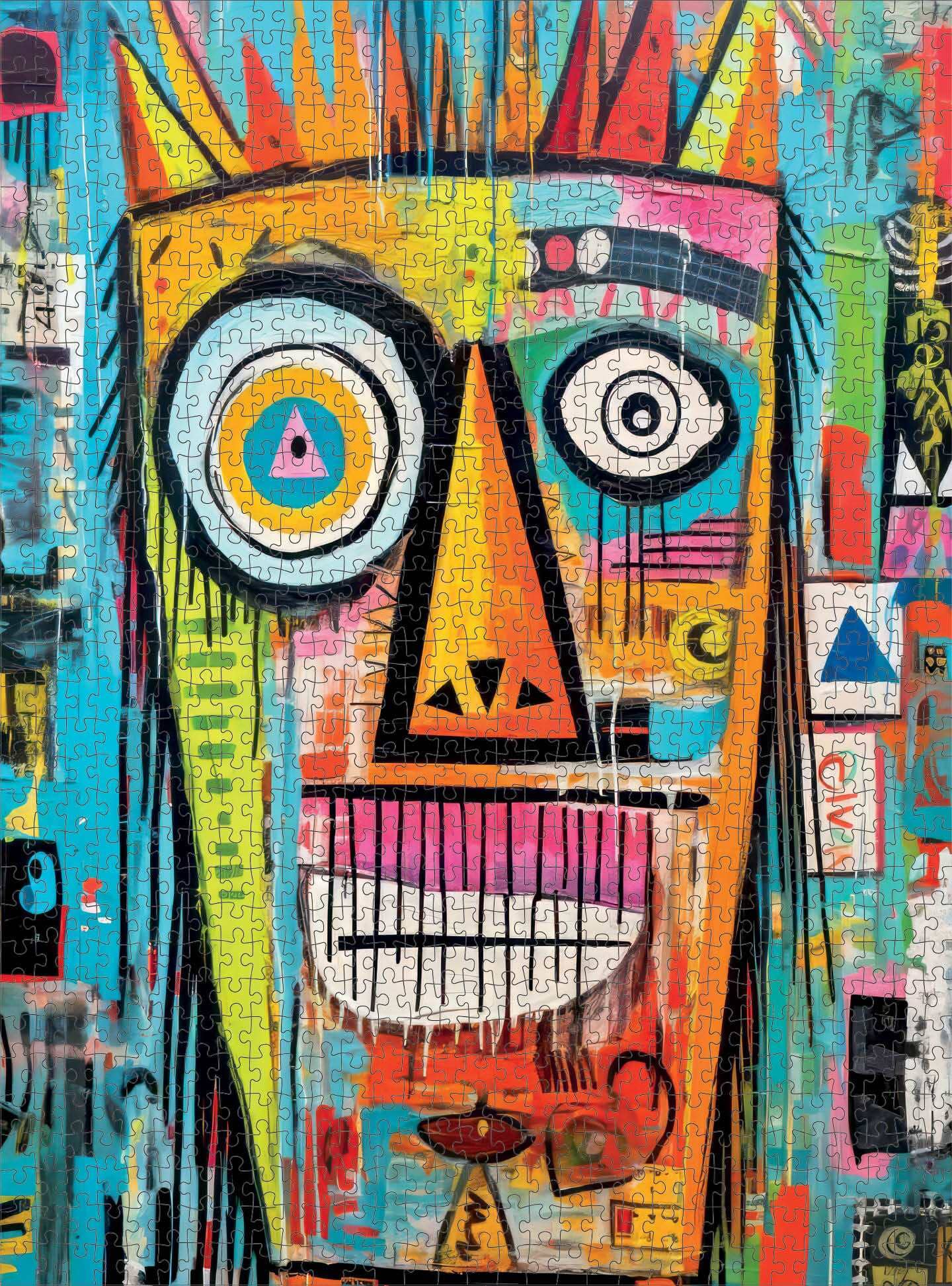 Art Puzzle – Crowned Canvas: Mask Majesty – 1000 Piece Jigsaw Puzzle featuring vibrant, abstract face artwork in bright blues, oranges, and pinks with a beautiful satin finish, premium quality, dust free, eco-friendly, ideal 1000 piece jigsaw puzzles for adults.