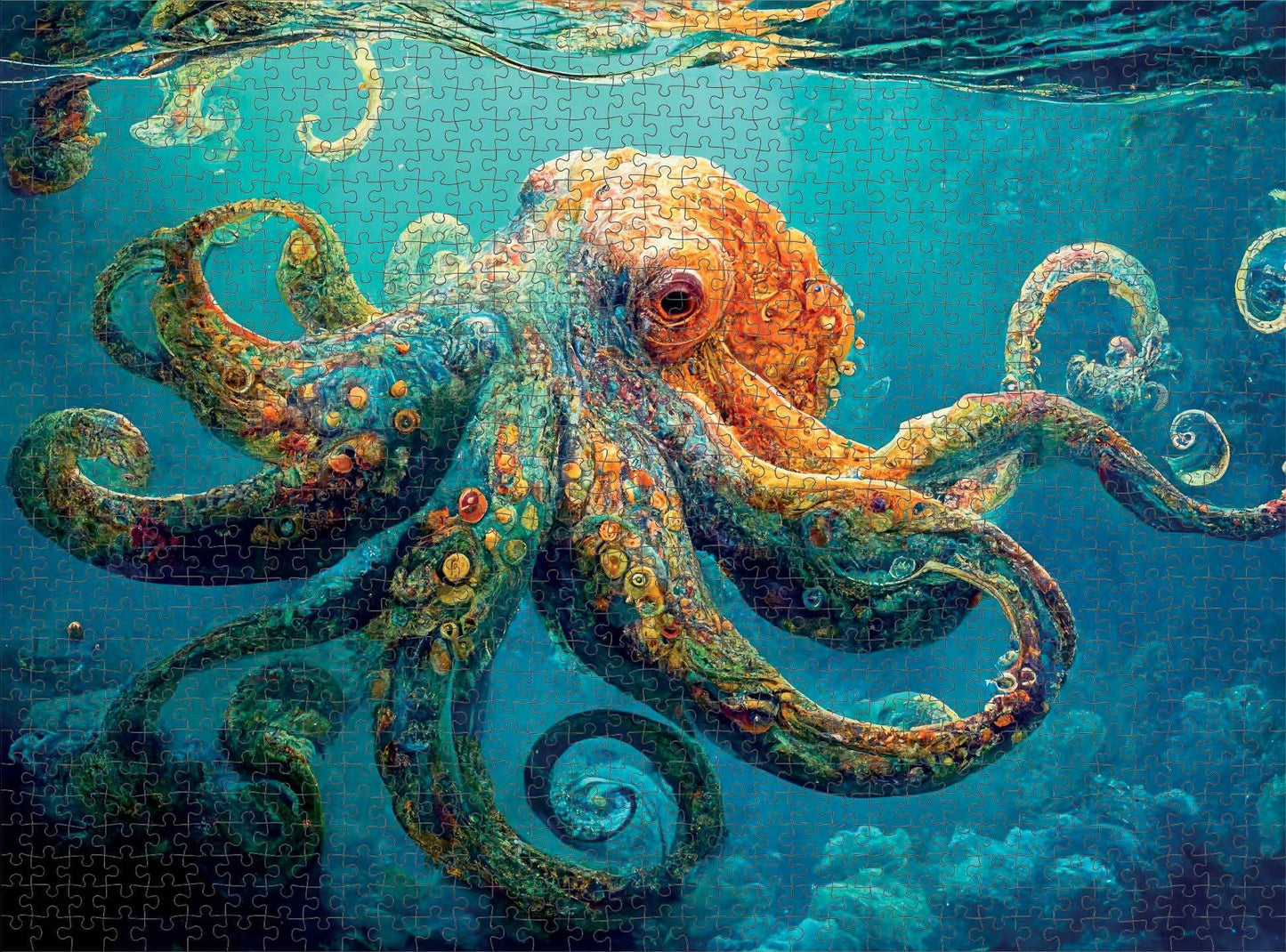 Octopus Puzzle – Deep Blue Octopus Odyssey – 1000 Piece Jigsaw Puzzle featuring beautiful artwork of a vibrant octopus underwater, with a satin finish, premium quality, eco-friendly design, and dust free surface, perfect as 1000 piece jigsaw puzzles for adults.