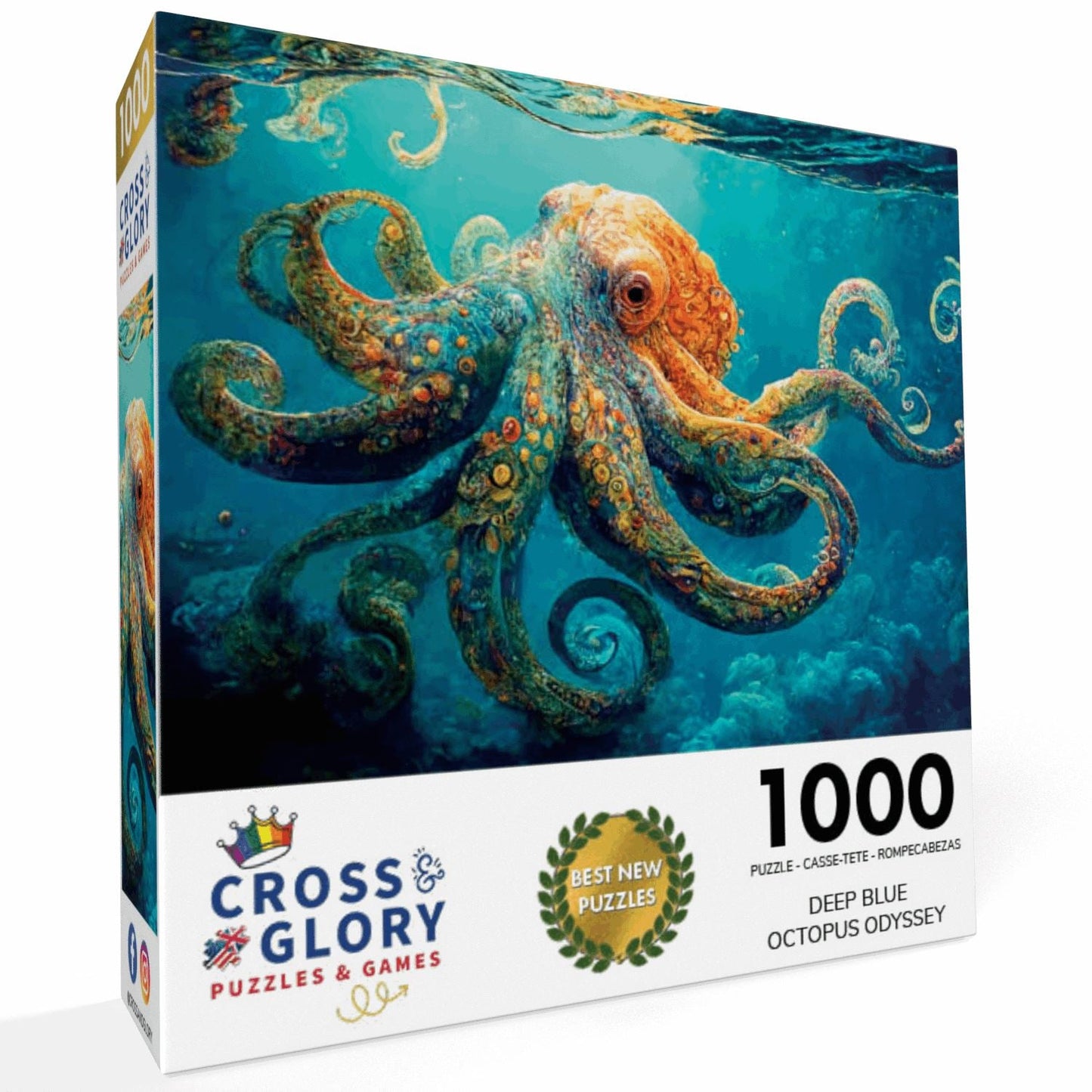 Octopus Puzzle – Deep Blue Octopus Odyssey – 1000 Piece Jigsaw Puzzle featuring beautiful artwork with a satin finish, premium quality, dust free, eco-friendly, 1000 piece jigsaw puzzles for adults.
