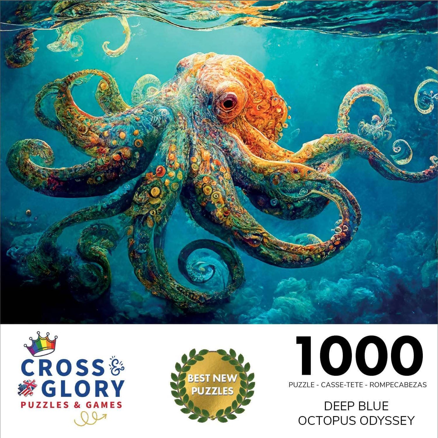 Octopus Puzzle – Deep Blue Octopus Odyssey – 1000 Piece Jigsaw Puzzle featuring beautiful underwater octopus artwork with a satin finish, premium quality and eco-friendly materials, dust free, perfect 1000 piece jigsaw puzzles for adults.
