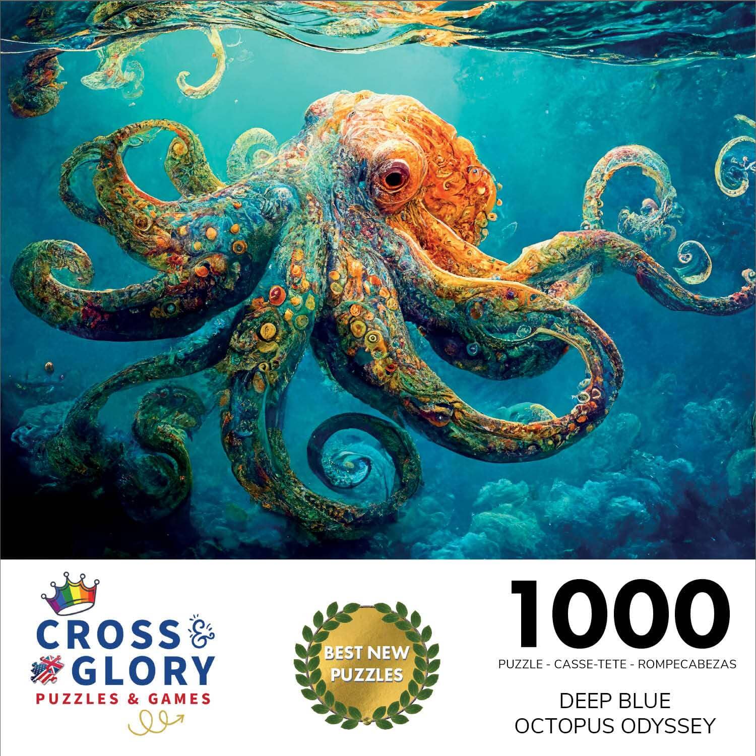 Octopus Puzzle – Deep Blue Octopus Odyssey – 1000 Piece Jigsaw Puzzle featuring beautiful underwater octopus artwork with a satin finish, premium quality and eco-friendly materials, dust free, perfect 1000 piece jigsaw puzzles for adults.
