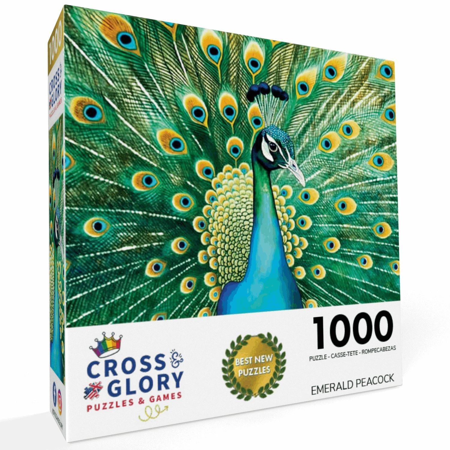 Peacock Puzzle – Emerald Peacock – 1000 Piece Jigsaw Puzzle featuring beautiful emerald peacock artwork with a satin finish, premium quality, dust free, eco-friendly, perfect 1000 piece jigsaw puzzles for adults.