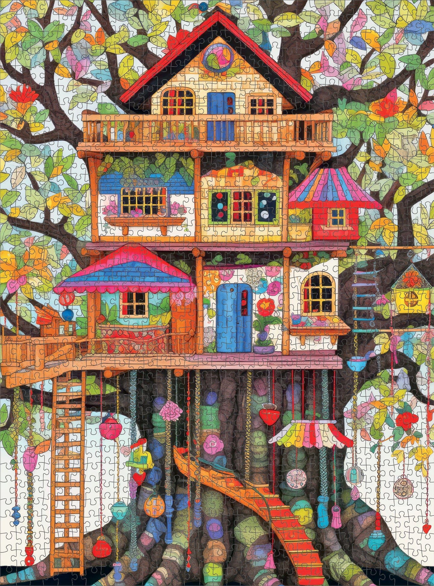Completed colorful jigsaw puzzle of a whimsical treehouse nestled in a large tree with vibrant leaves, featuring intricate details and a satin finish. Treehouse Puzzle – Fantastical Treehouse Escape – 1000 Piece Jigsaw Puzzle, 1000 piece jigsaw puzzles for adults.