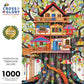 Colorful illustration of a whimsical multi-level treehouse nestled among large leafy branches, showcasing beautiful artwork with a satin finish in the Treehouse Puzzle – Fantastical Treehouse Escape – 1000 Piece Jigsaw Puzzle, a premium quality, dust free, eco-friendly 1000 piece jigsaw puzzles for adults.