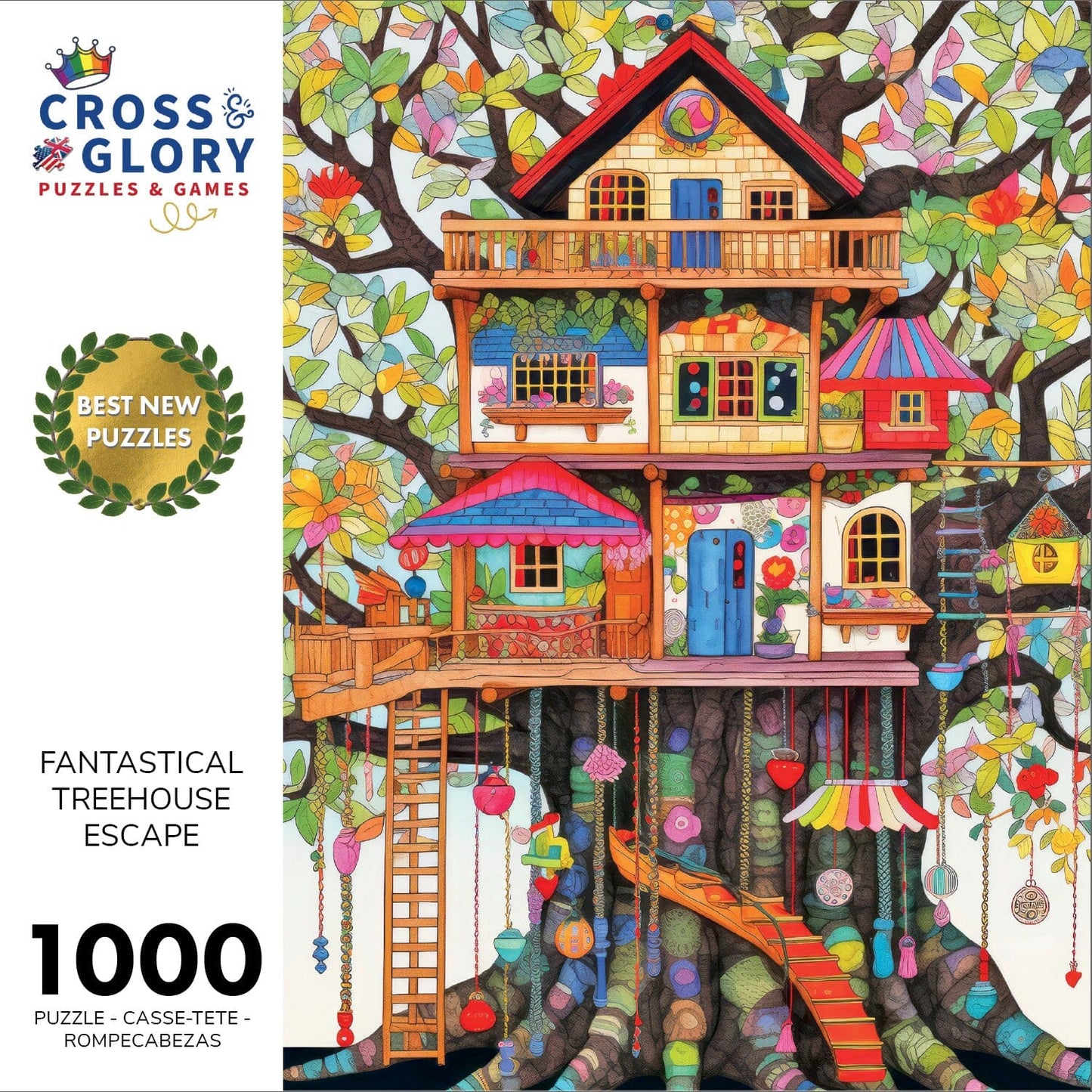 Colorful illustration of a whimsical multi-level treehouse nestled among large leafy branches, showcasing beautiful artwork with a satin finish in the Treehouse Puzzle – Fantastical Treehouse Escape – 1000 Piece Jigsaw Puzzle, a premium quality, dust free, eco-friendly 1000 piece jigsaw puzzles for adults.