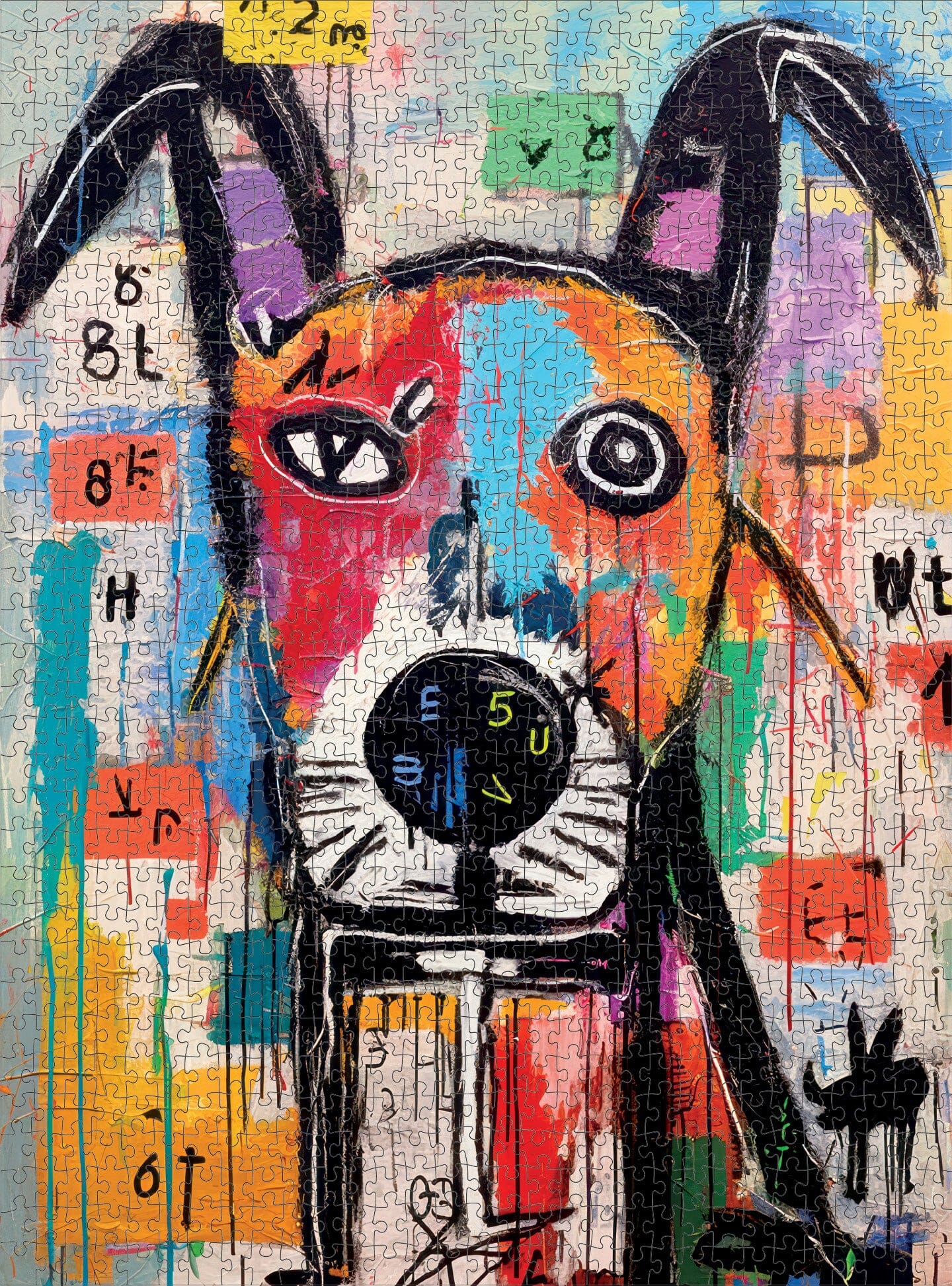 Completed Dog Puzzle – Geometric Dog Dreamscape – 1000 Piece Jigsaw Puzzle featuring vibrant abstract geometric dog artwork with a beautiful satin finish, dust free and premium quality, perfect for 1000 piece jigsaw puzzles for adults.