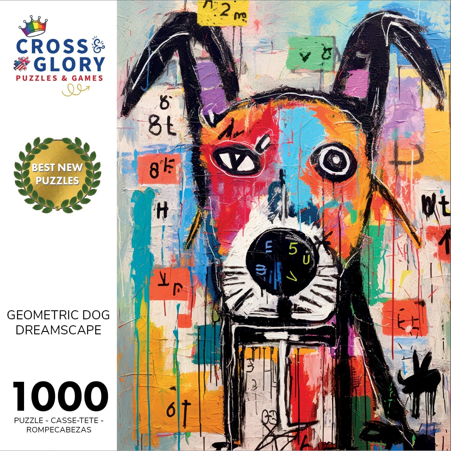 Cover image of Dog Puzzle – Geometric Dog Dreamscape – 1000 Piece Jigsaw Puzzle featuring colorful abstract geometric dog artwork, beautiful satin finish, premium quality, dust free, eco-friendly, 1000 piece jigsaw puzzles for adults.