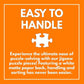 Bold orange background with white text highlighting the ease of handling and sorting puzzle pieces with a white matte paper back, promoting the Dog Puzzle – Geometric Dog Dreamscape – 1000 Piece Jigsaw Puzzle as premium quality 1000 piece jigsaw puzzles for adults.