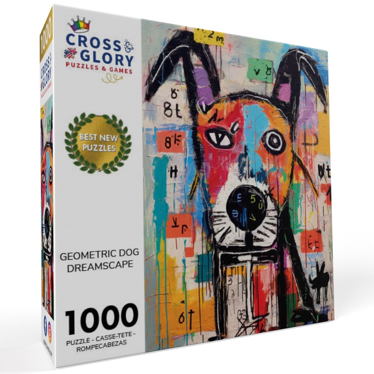 Dog Puzzle – Geometric Dog Dreamscape – 1000 Piece Jigsaw Puzzle featuring beautiful artwork with a satin finish, premium quality, dust free, eco-friendly, perfect 1000 piece jigsaw puzzles for adults.