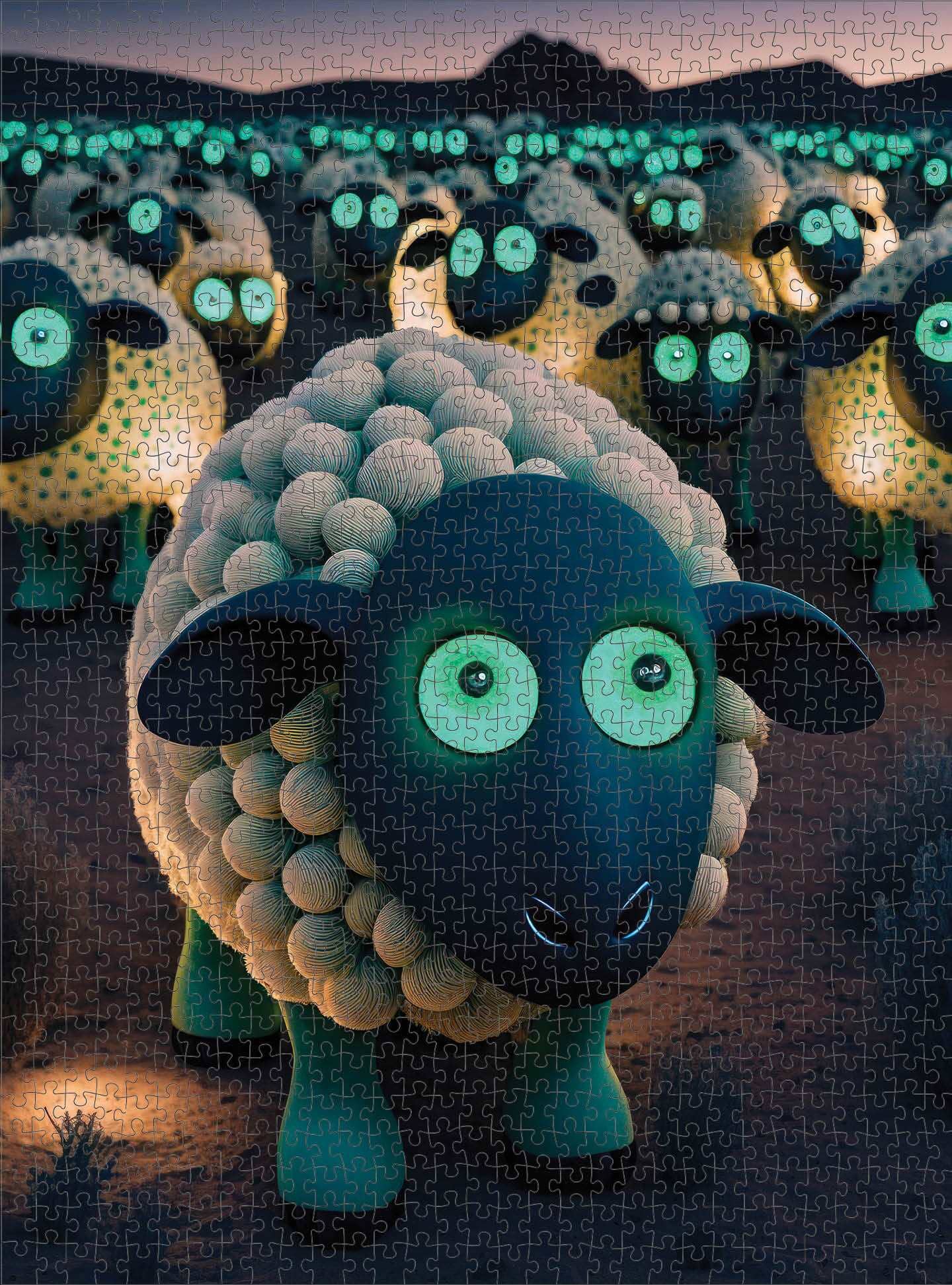 Detailed assembled Art Puzzle – Henry and The Herd – 1000 Piece Jigsaw Puzzle featuring a whimsical glowing sheep with large eyes in the foreground, surrounded by a herd under a dusky sky, showcasing beautiful artwork with a satin finish, premium quality, dust free, eco-friendly, perfect as 1000 piece jigsaw puzzles for adults.