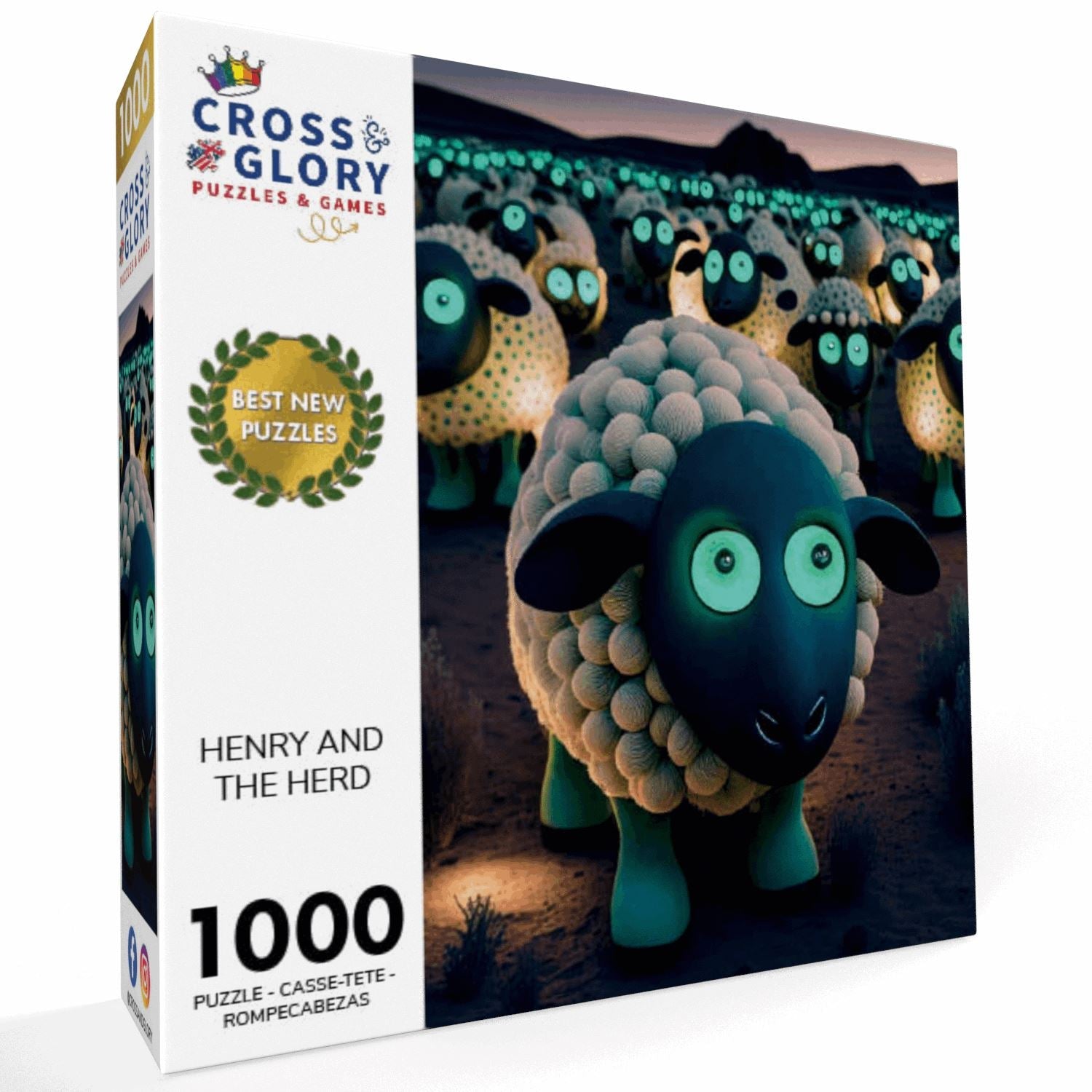 Art Puzzle – Henry and The Herd – 1000 Piece Jigsaw Puzzle featuring glowing sheep artwork with a beautiful satin finish, premium quality, dust free, eco-friendly, 1000 piece jigsaw puzzles for adults.