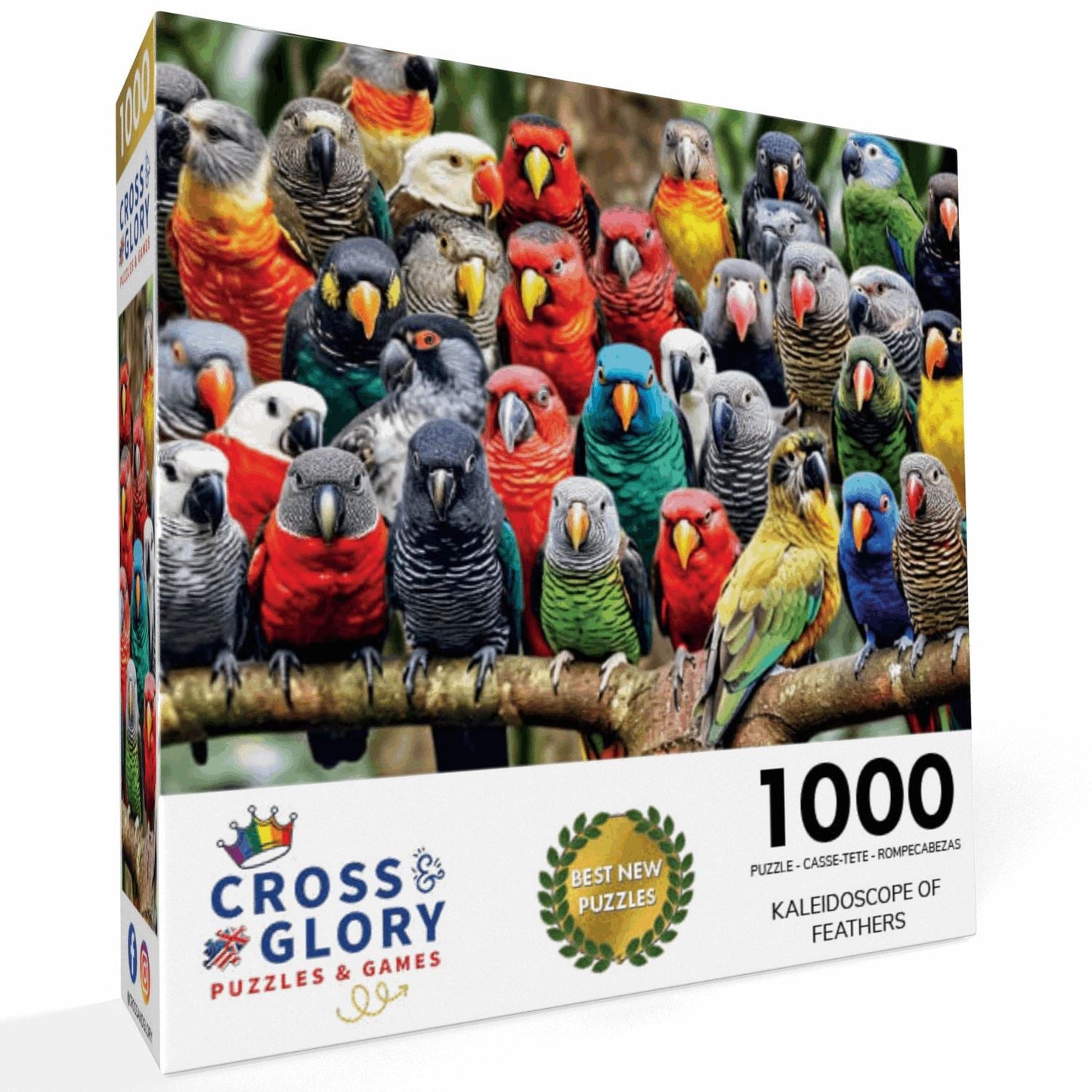 Box of Bird Puzzle – Kaleidoscope of Feathers – 1000 Piece Jigsaw Puzzle featuring vibrant colorful birds perched closely together, showcasing beautiful artwork with a satin finish, dust free and eco-friendly, ideal 1000 piece jigsaw puzzles for adults.