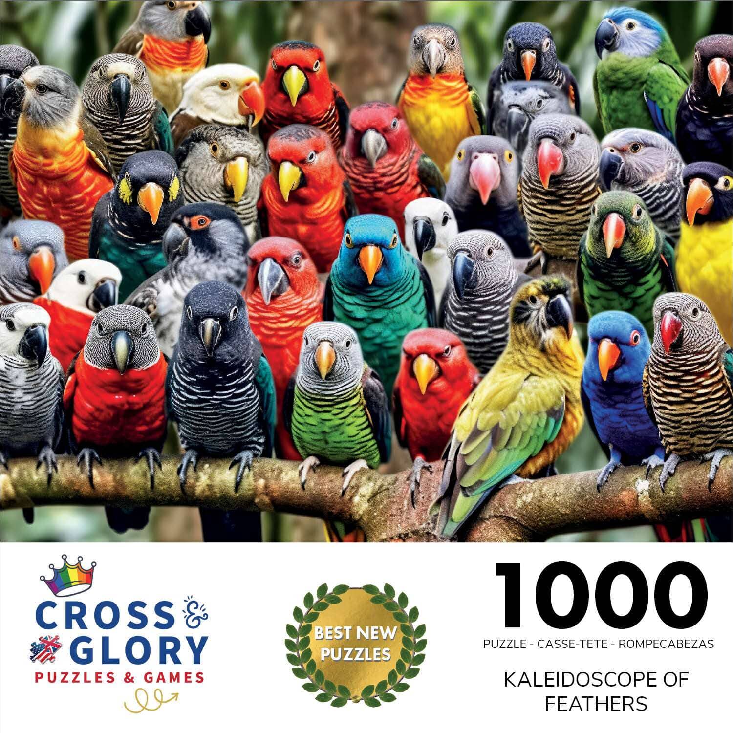 Colorful parrots and tropical birds perched closely together in vibrant, detailed artwork featured on Bird Puzzle – Kaleidoscope of Feathers – 1000 Piece Jigsaw Puzzle, a premium quality, eco-friendly 1000 piece jigsaw puzzle for adults.